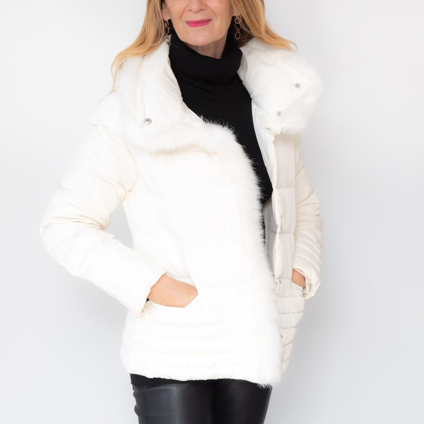 Armani Jeans Cream Padded Jacket Faux Fur Collar Size 14