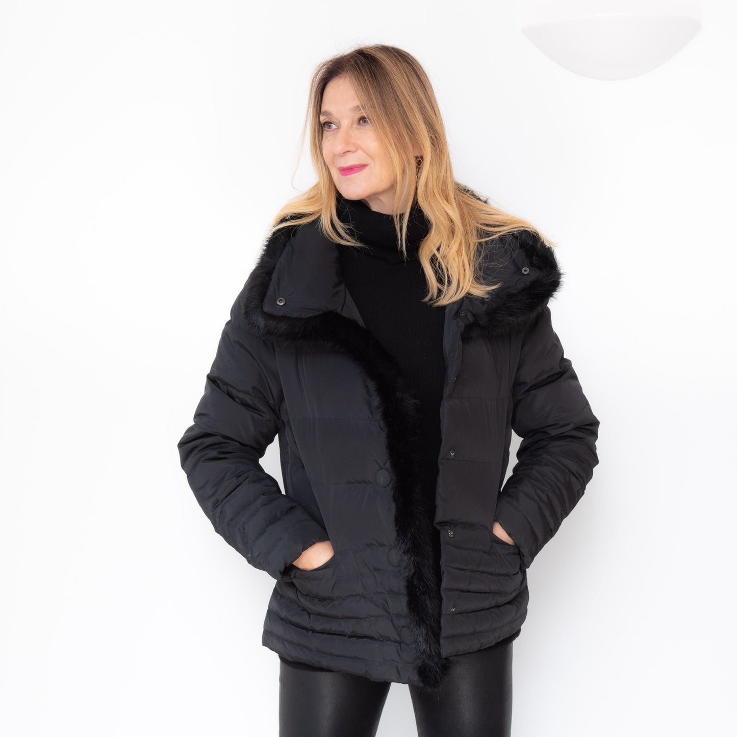 Armani Jeans Black Padded Jacket Faux Fur Collar Size 16