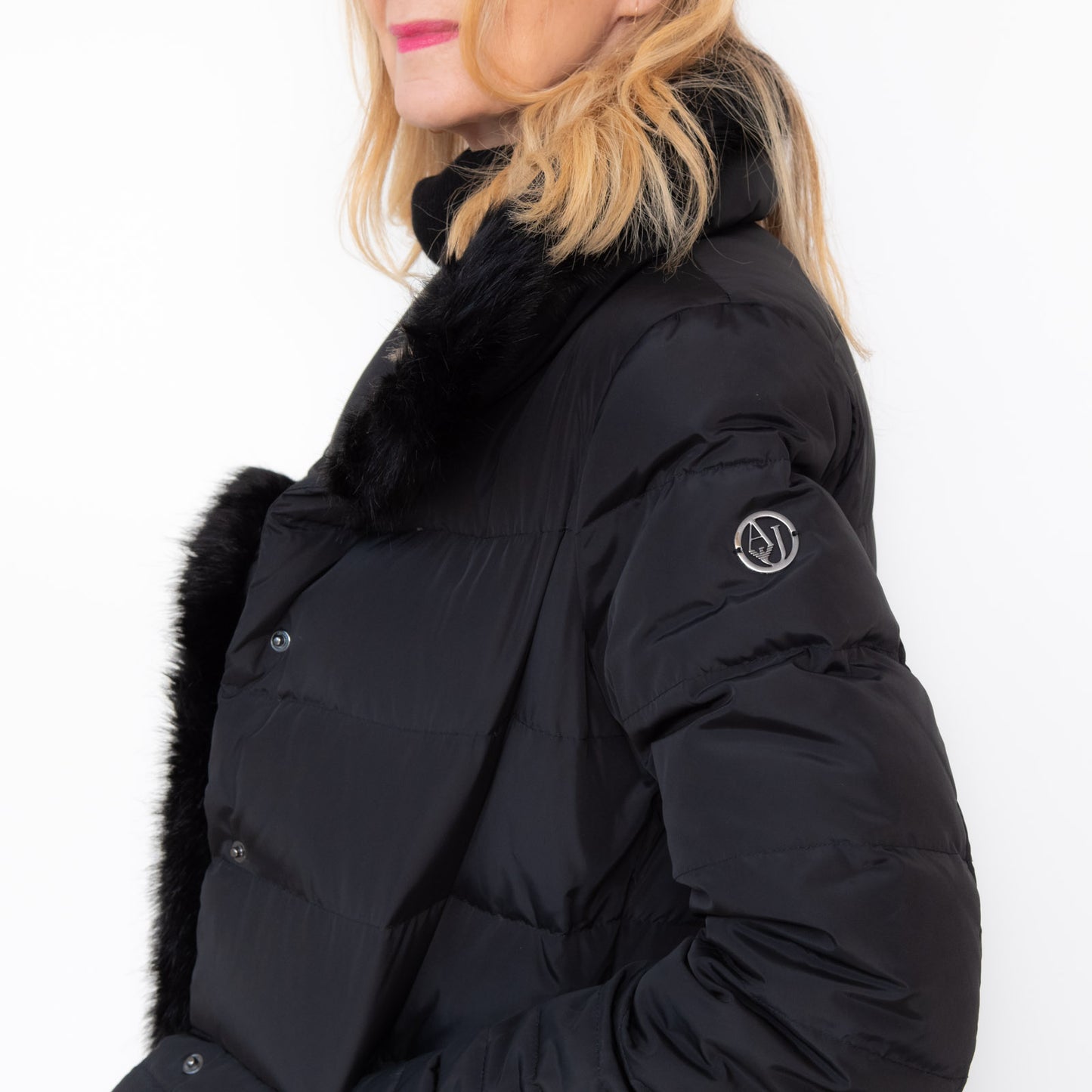 Armani Jeans Black Padded Jacket Faux Fur Collar Size 16