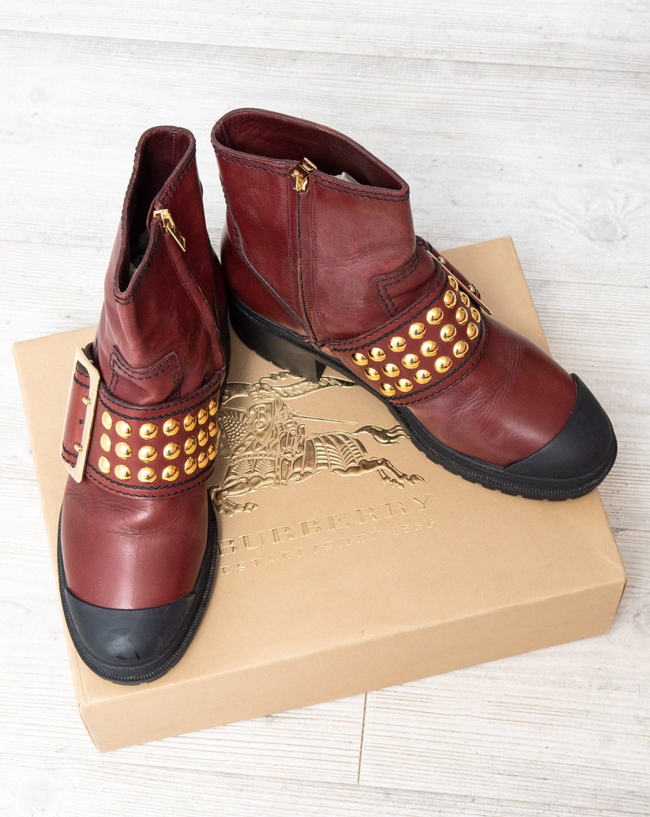 Burberry Burgundy Leather Biker Boots Size 40