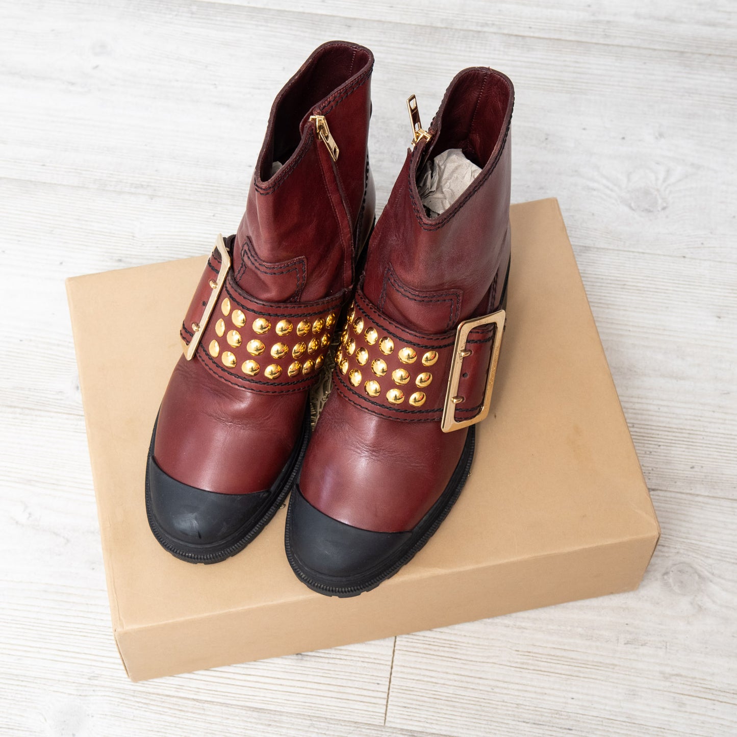 Burberry Burgundy Leather Biker Boots Size 40