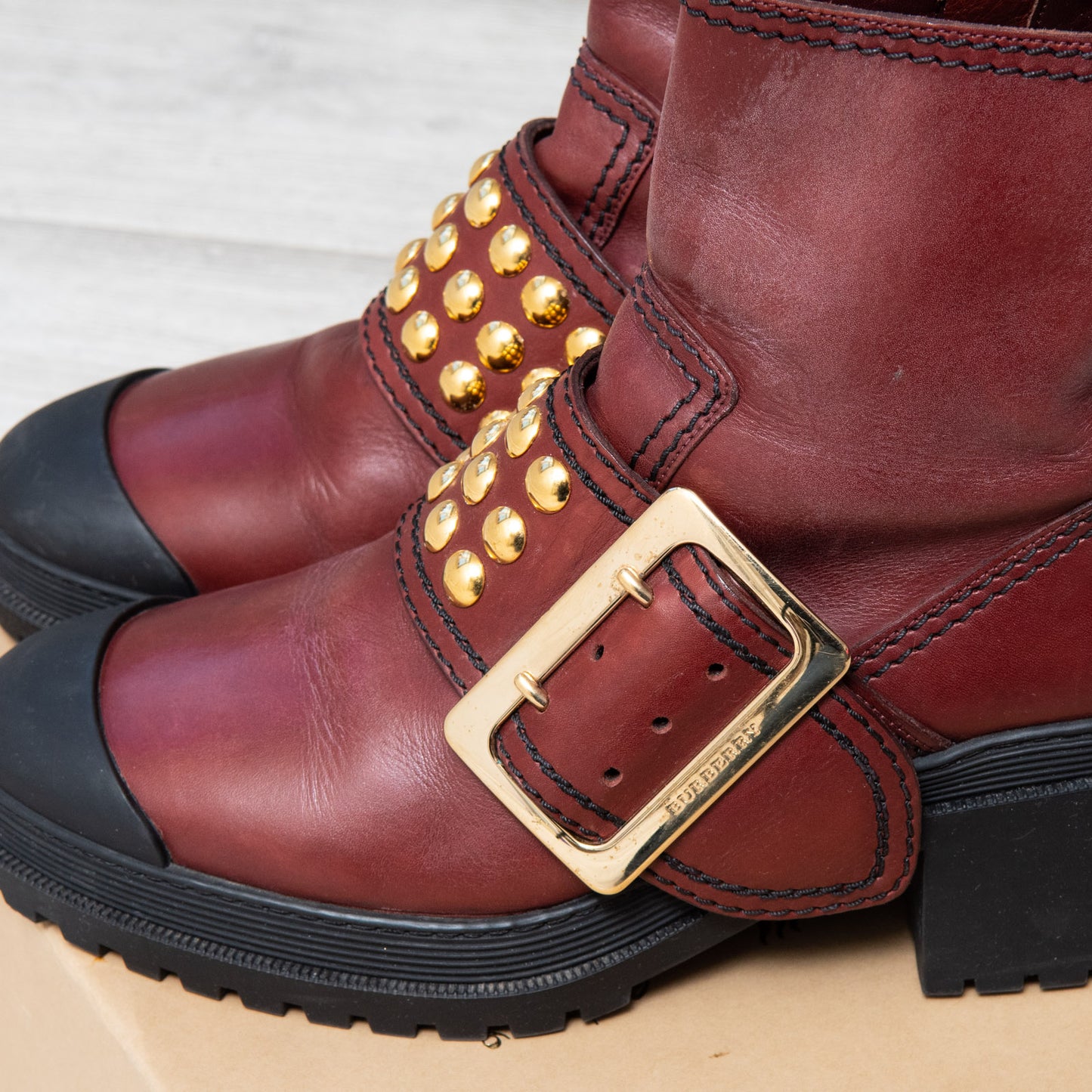 Burberry Burgundy Leather Biker Boots Size 40