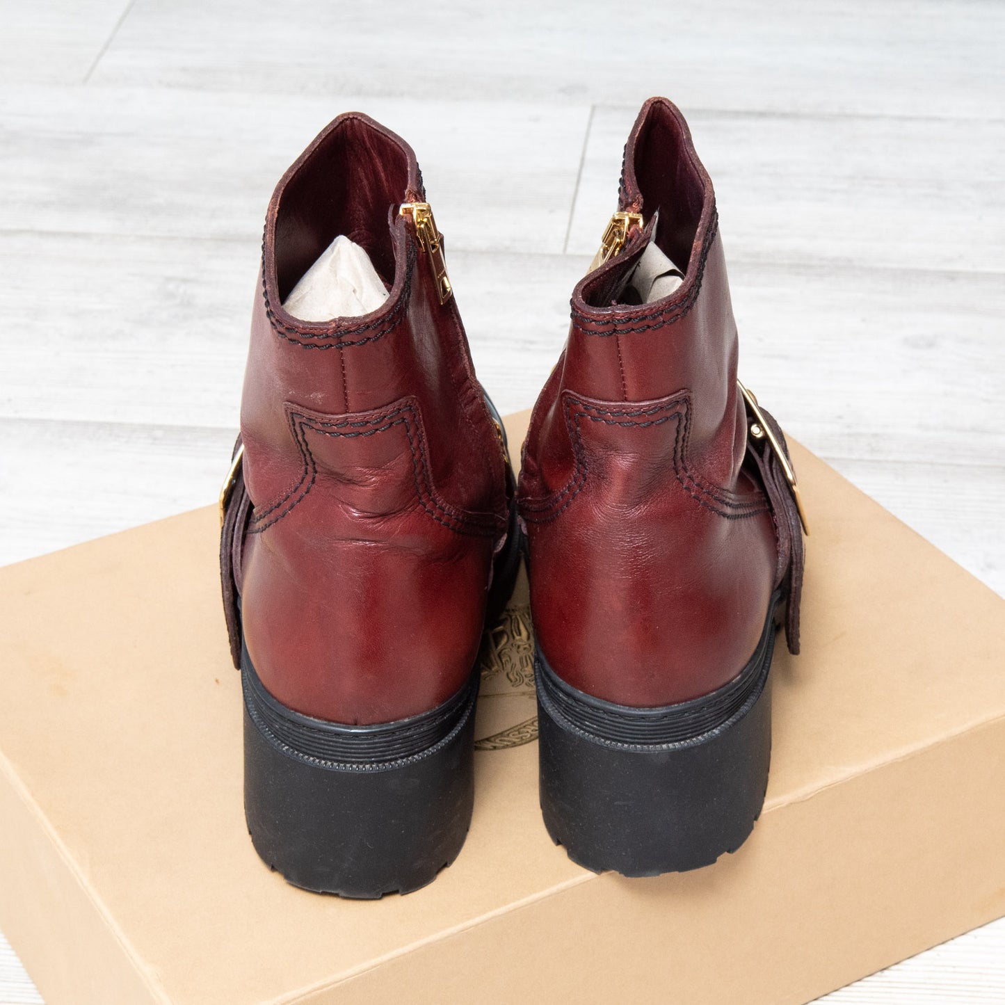 Burberry Burgundy Leather Biker Boots Size 40