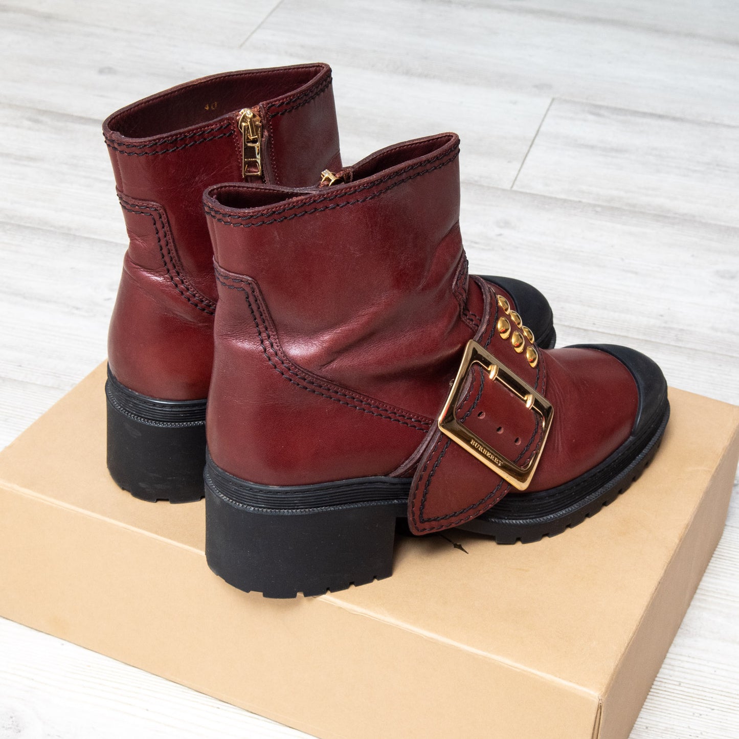 Burberry Burgundy Leather Biker Boots Size 40