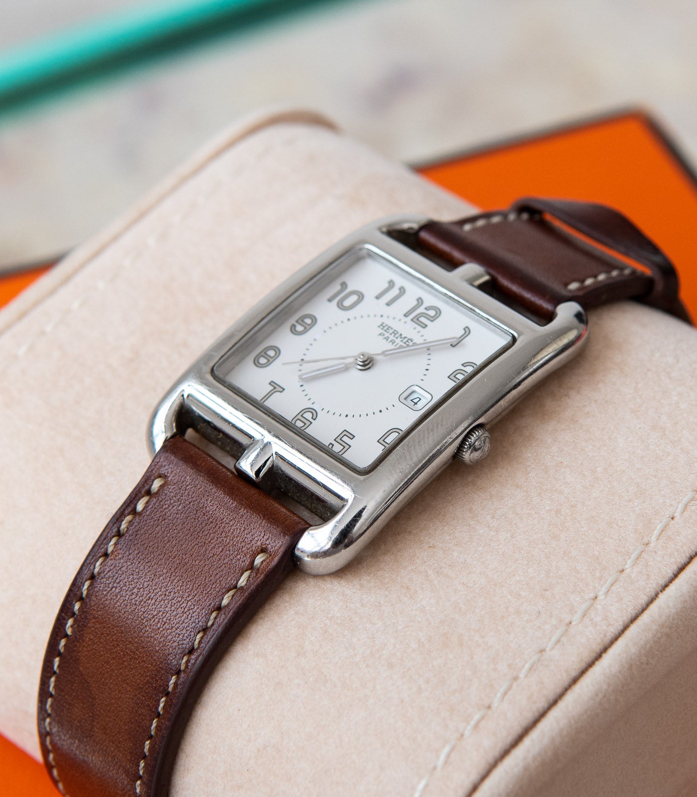 Hermes Cape Cod Stainless Steel Watch Brown Leather Strap