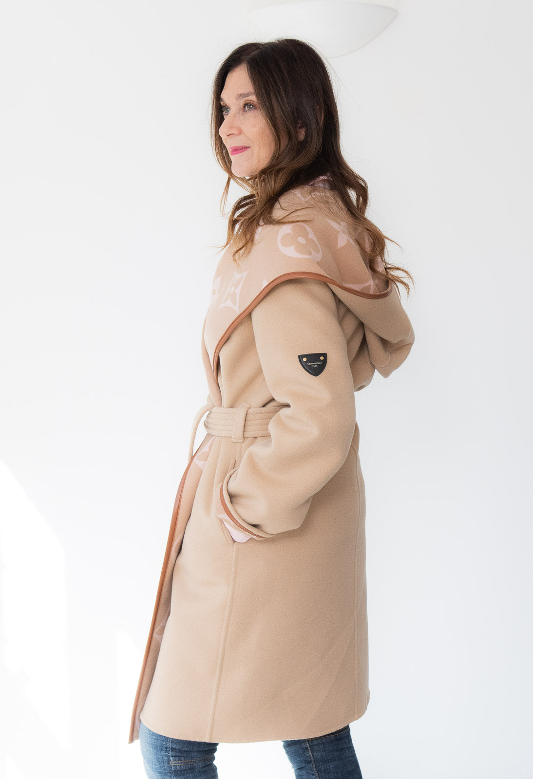 Louis Vuitton Belted Double Face Camel Brown Hooded Wrap Coat Size 8