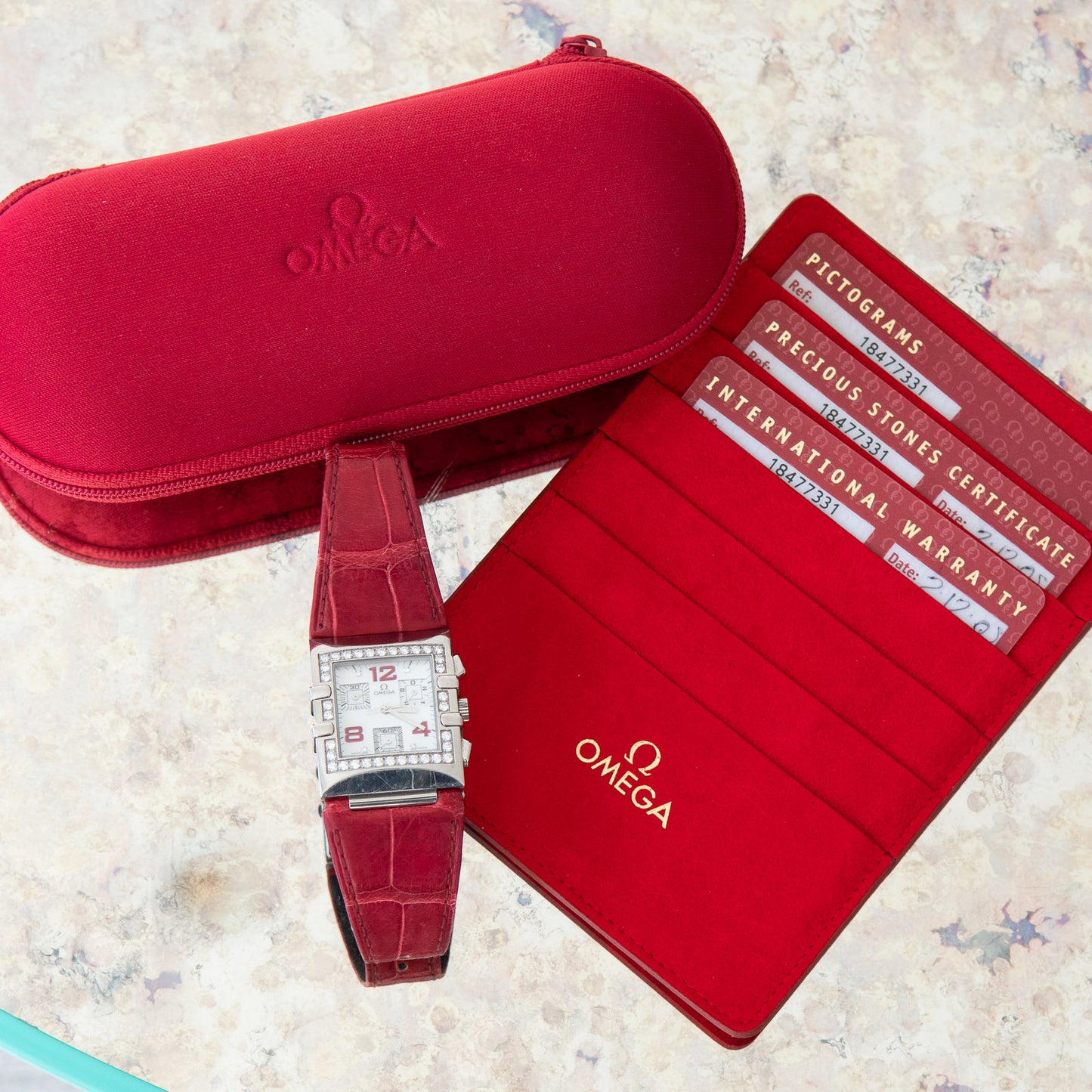 Omega Constellation Quadra Chronograph Diamond Dial Alligator Red Strap