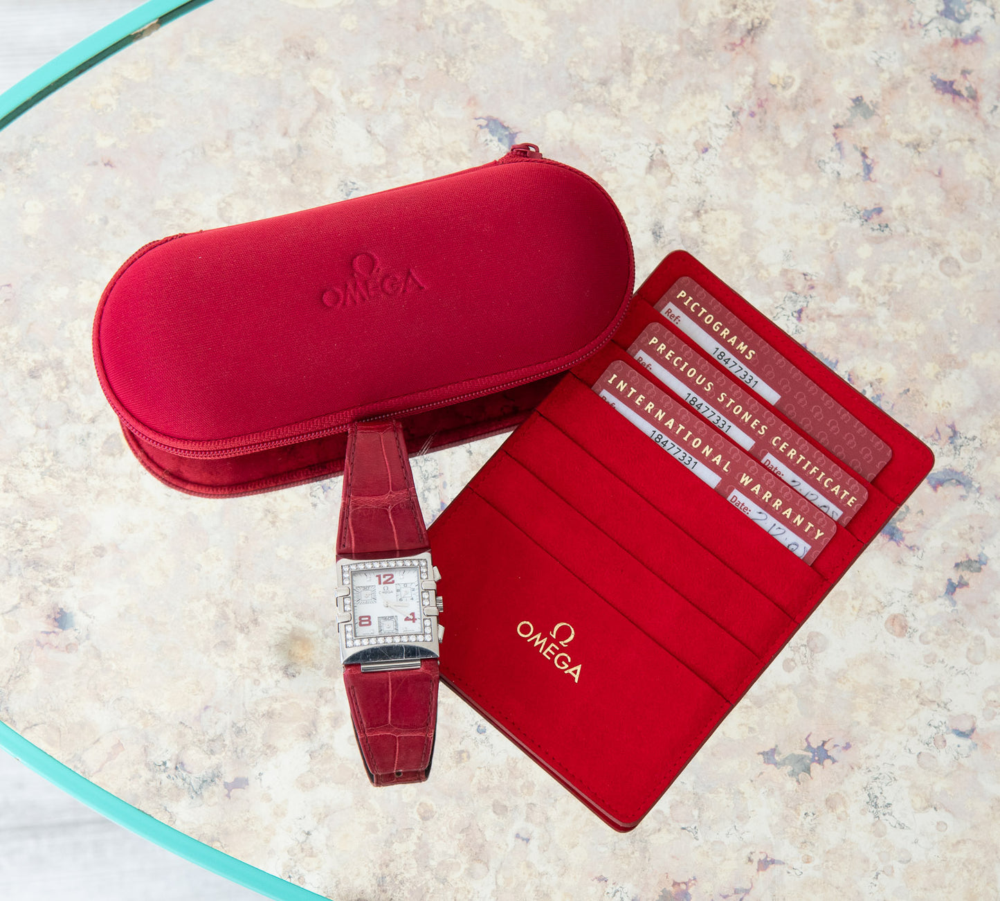 Omega Constellation Quadra Chronograph Diamond Dial Alligator Red Strap