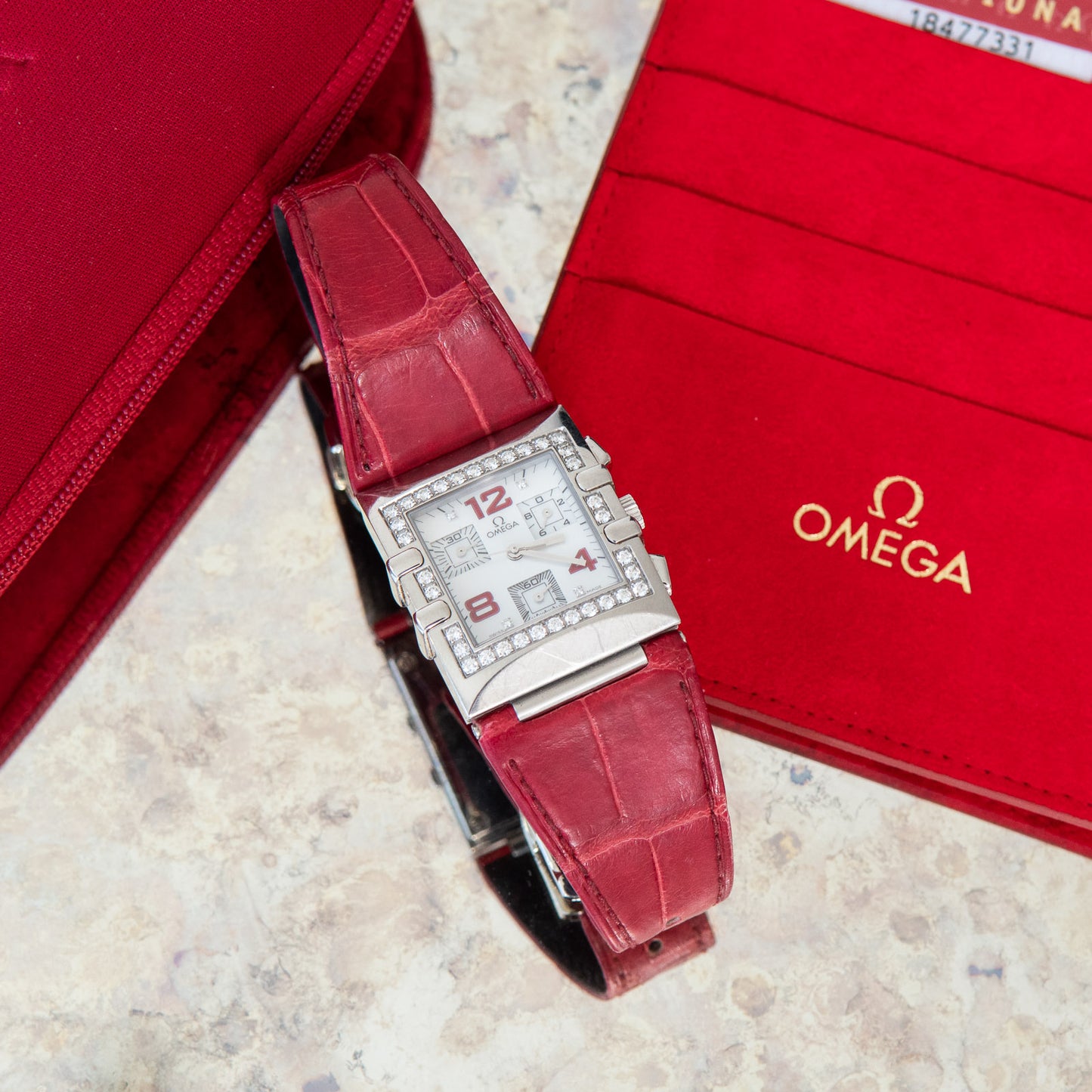 Omega Constellation Quadra Chronograph Diamond Dial Alligator Red Strap