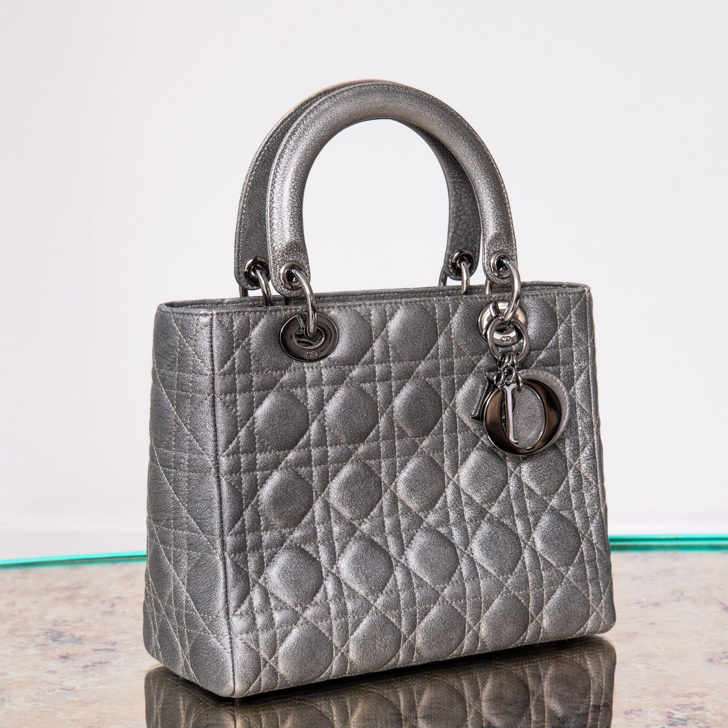 Lady Dior Medium Gunmetal Silver Leather Bag