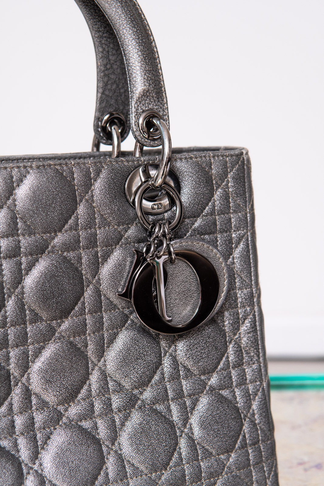 Lady Dior Medium Gunmetal Silver Leather Bag