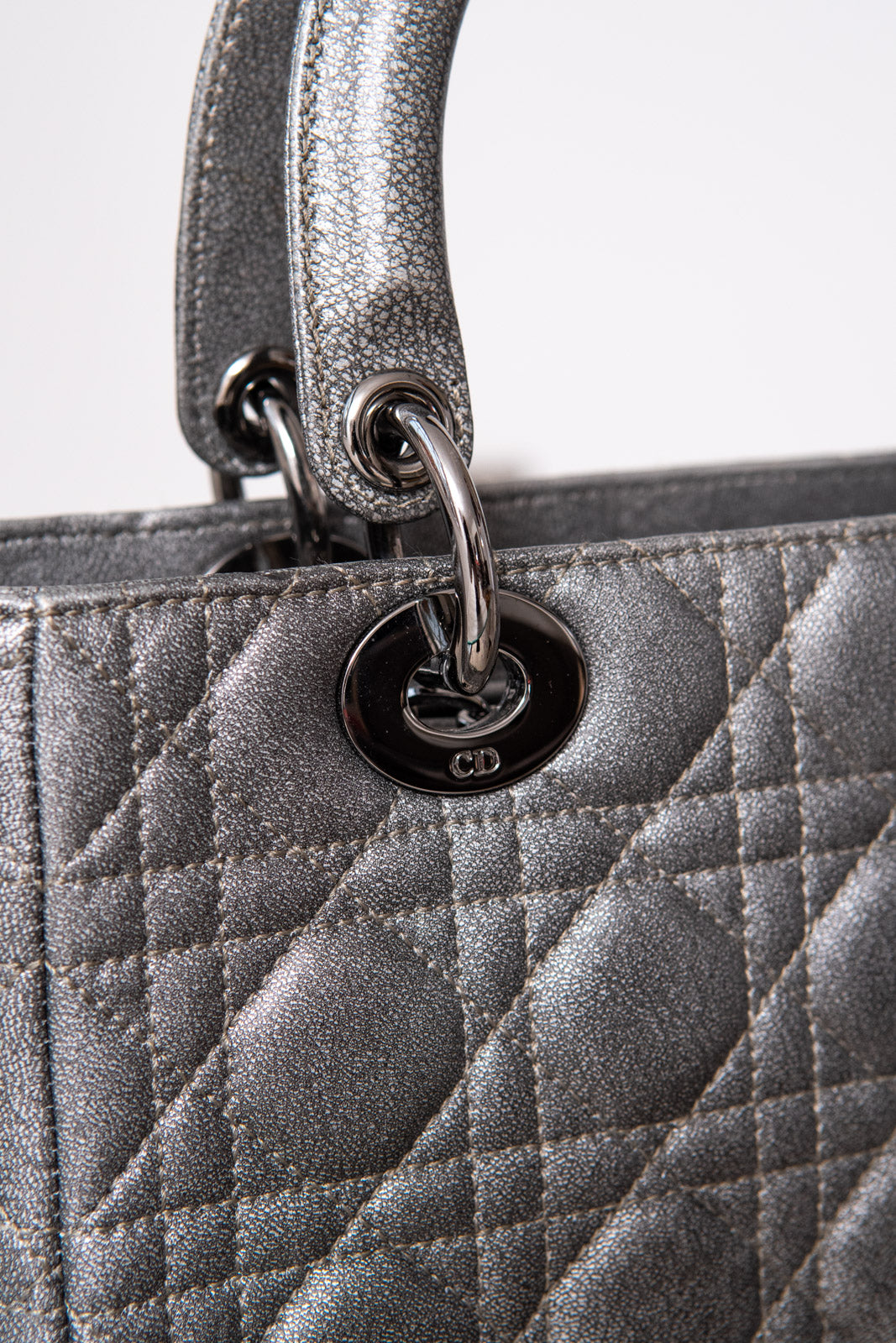 Lady Dior Medium Gunmetal Silver Leather Bag
