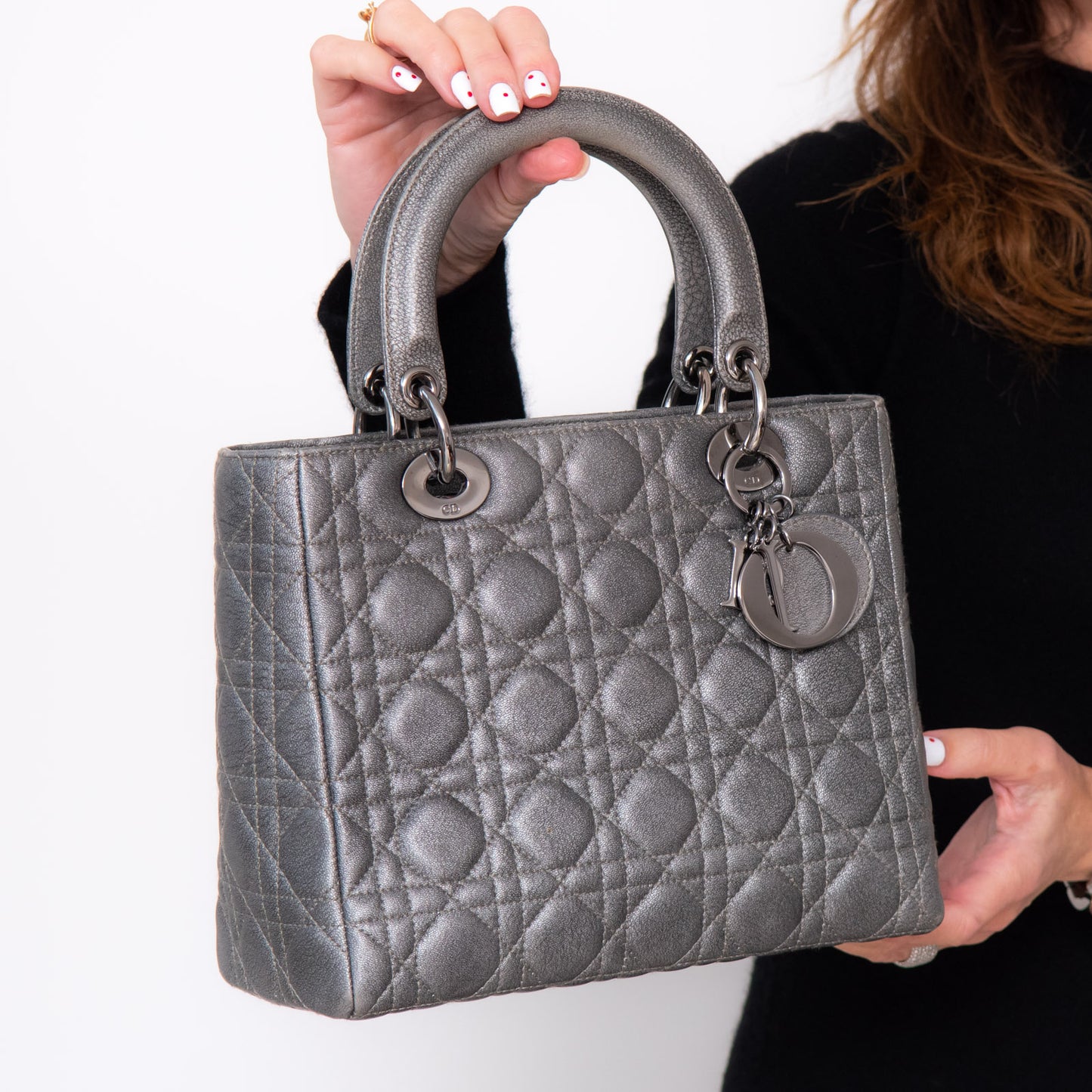 Lady Dior Medium Gunmetal Silver Leather Bag