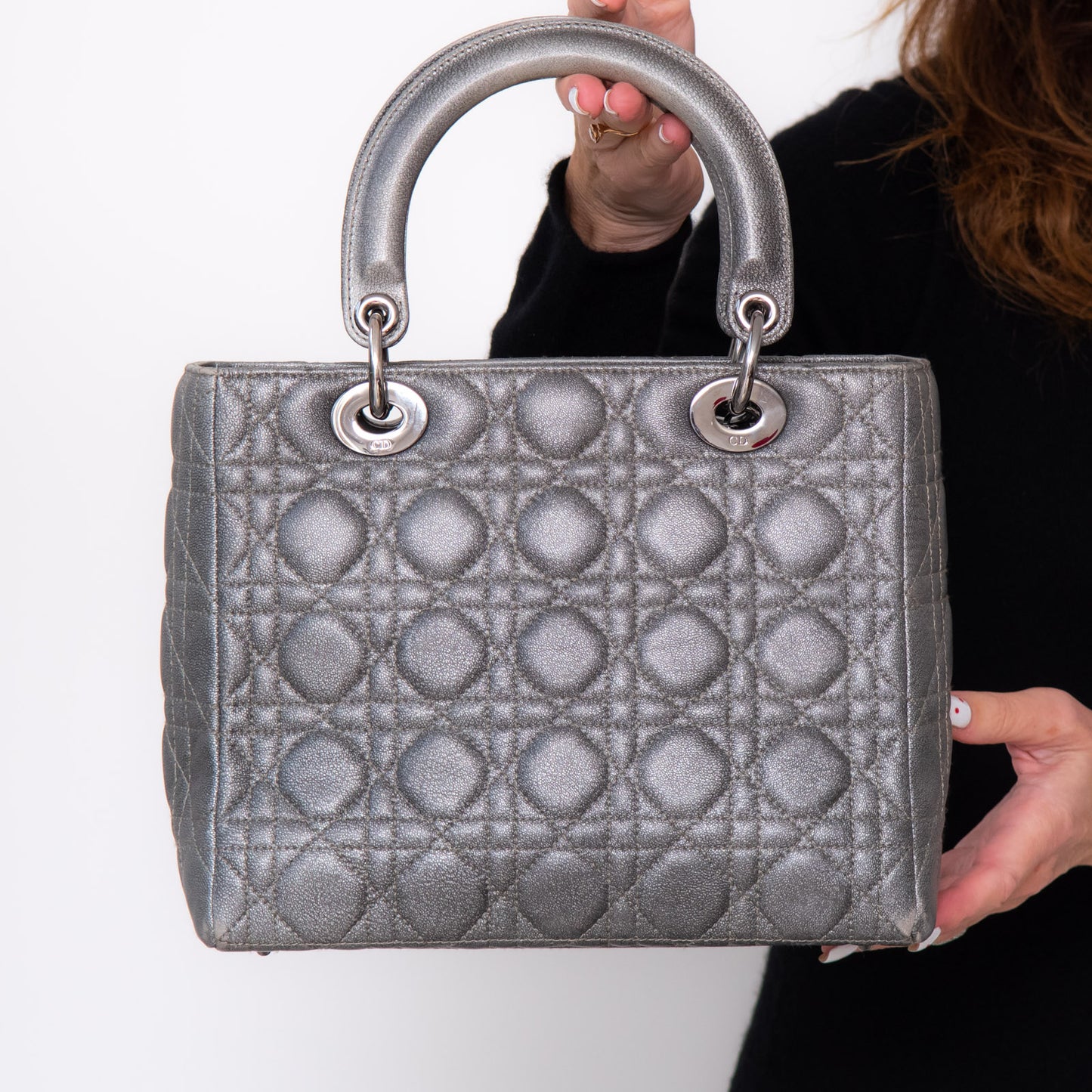 Lady Dior Medium Gunmetal Silver Leather Bag