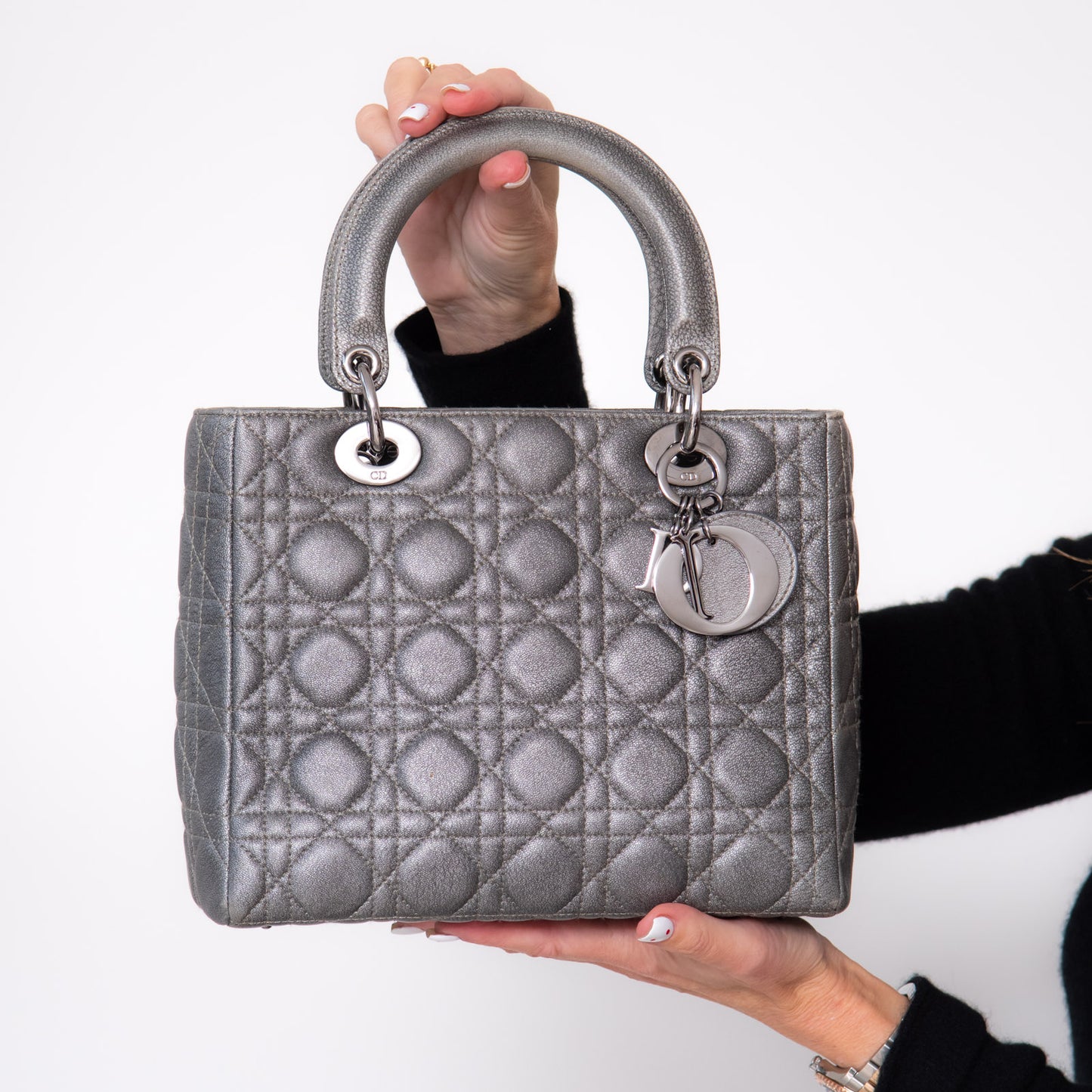 Lady Dior Medium Gunmetal Silver Leather Bag