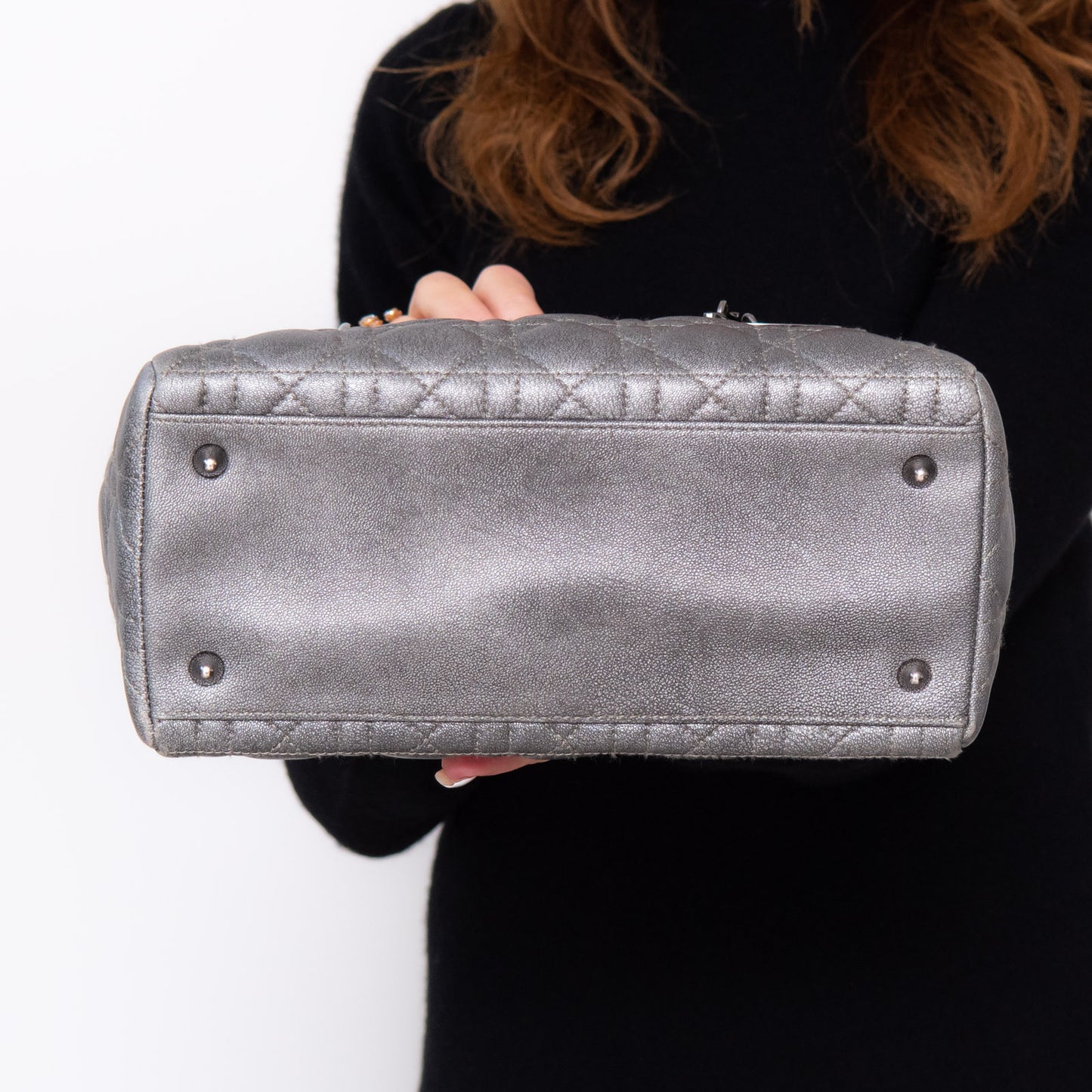 Lady Dior Medium Gunmetal Silver Leather Bag