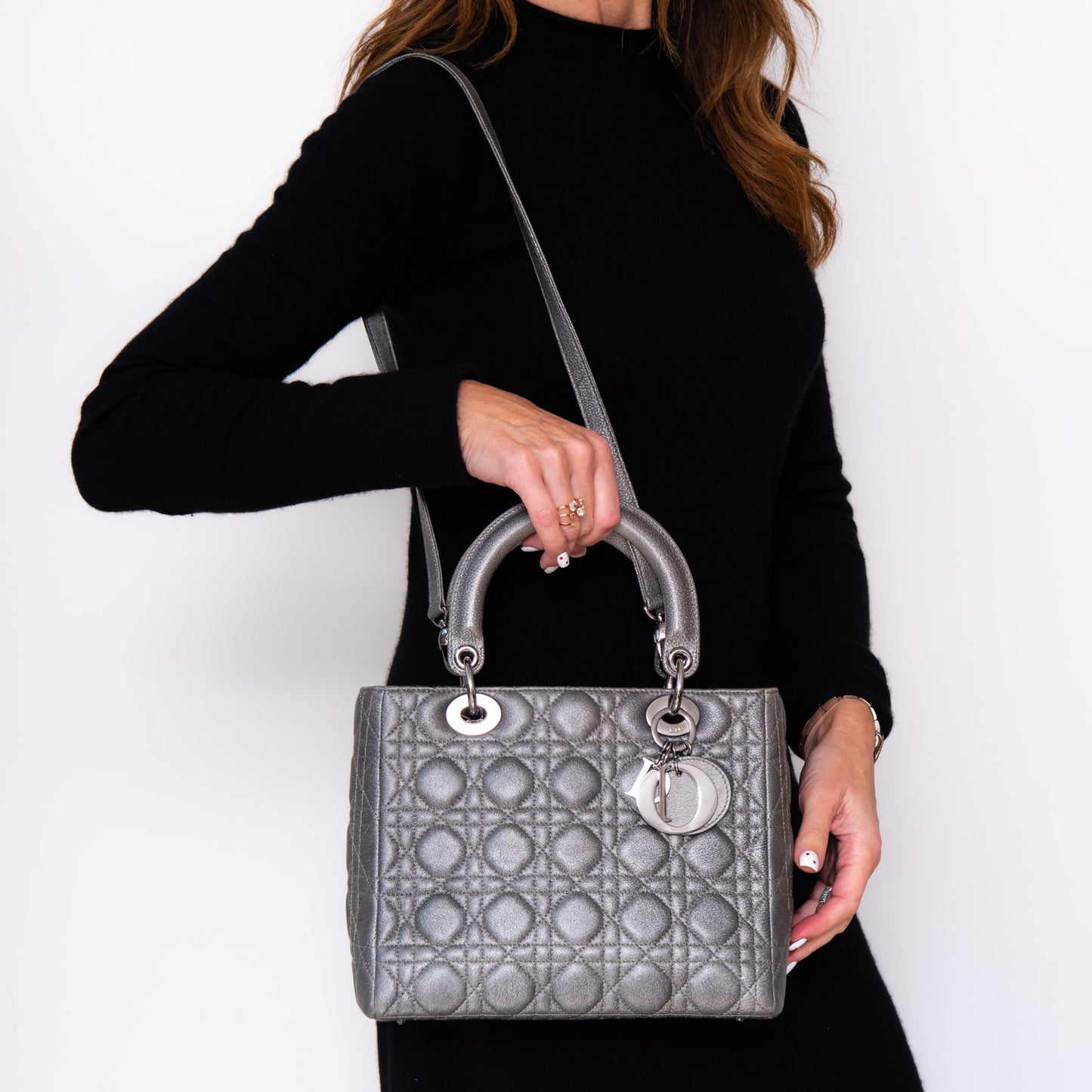 Lady Dior Medium Gunmetal Silver Leather Bag