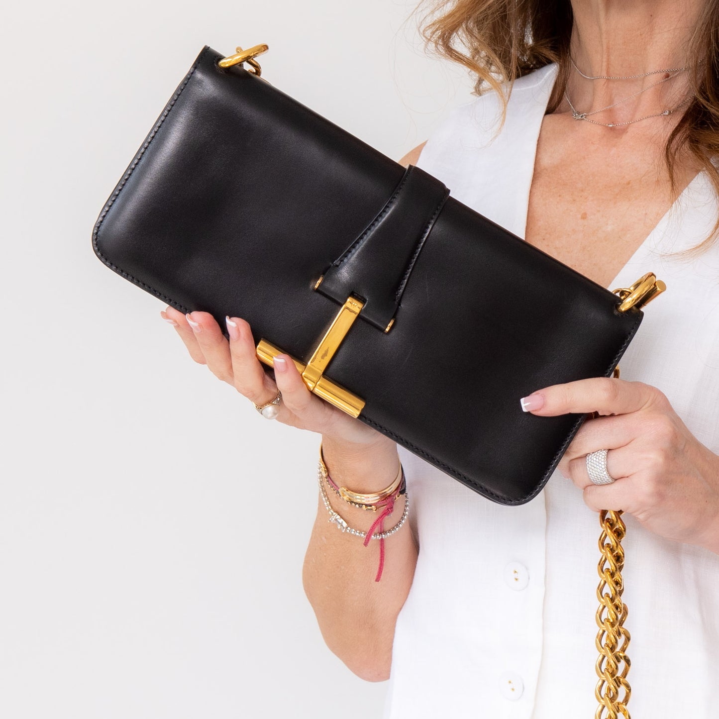 Tom Ford Black Leather And Chain Detail Bag