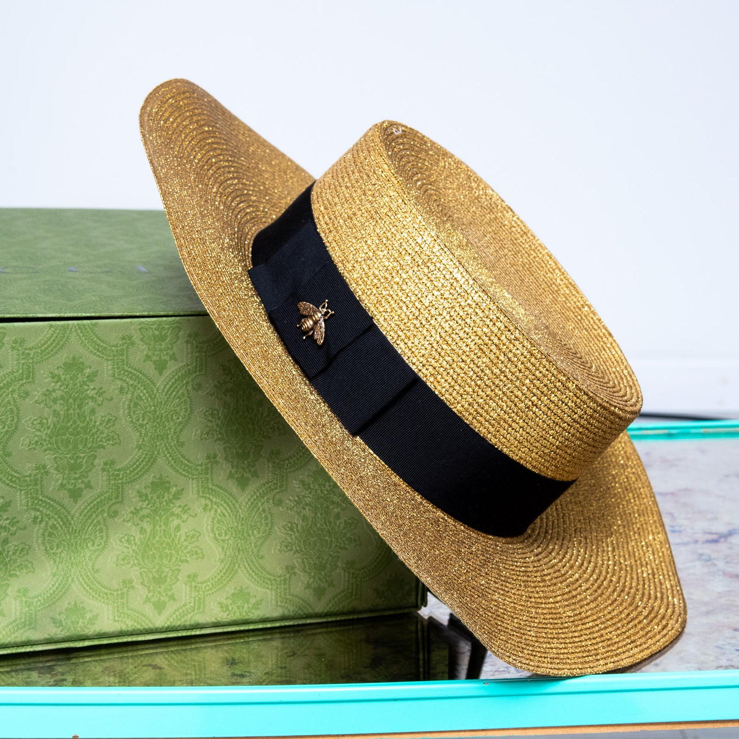 Gucci Black And Gold Lame Papier Hat Size Large