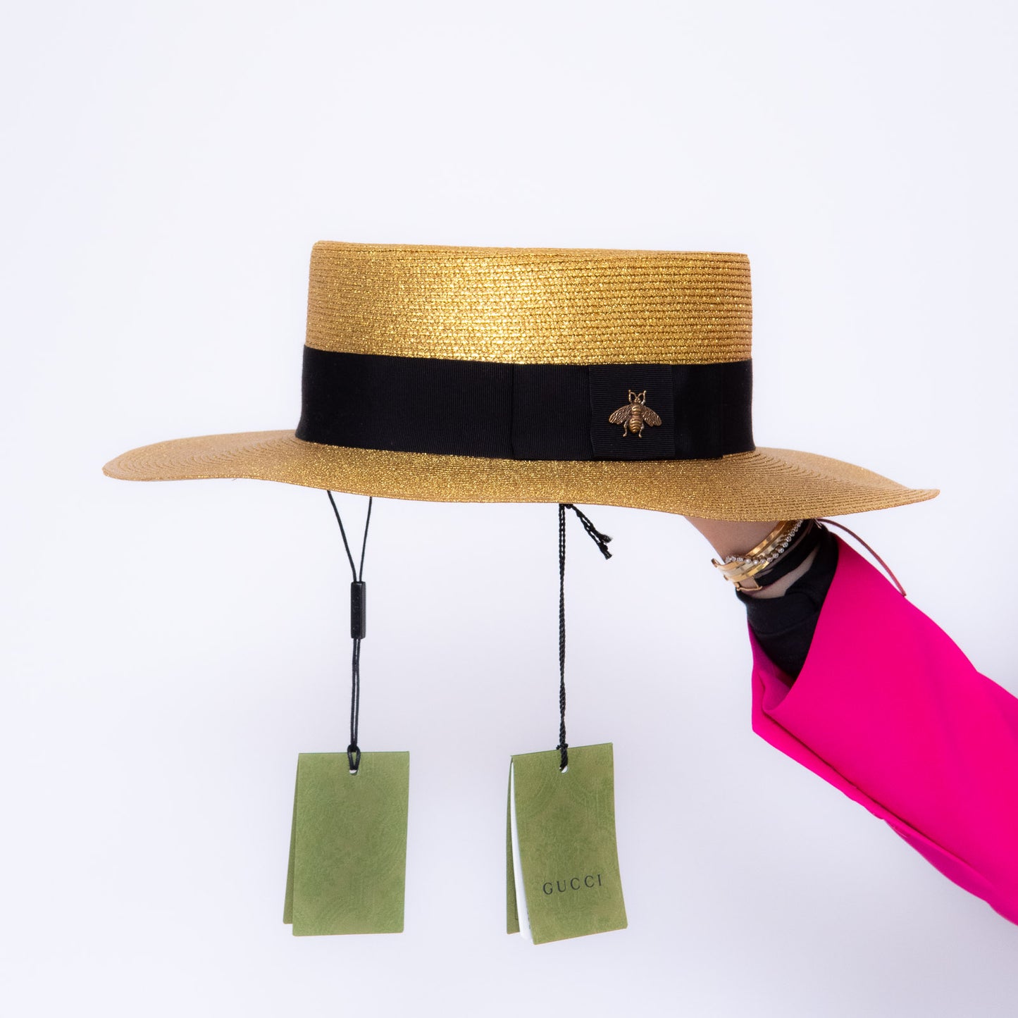 Gucci Black And Gold Lame Papier Hat Size Large