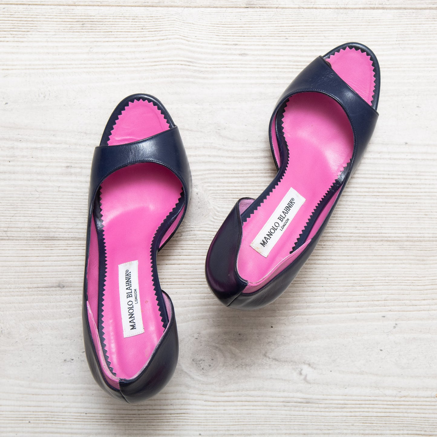 Manolo Blahnik Navy And Pink Open Toe Heels Size 39.5