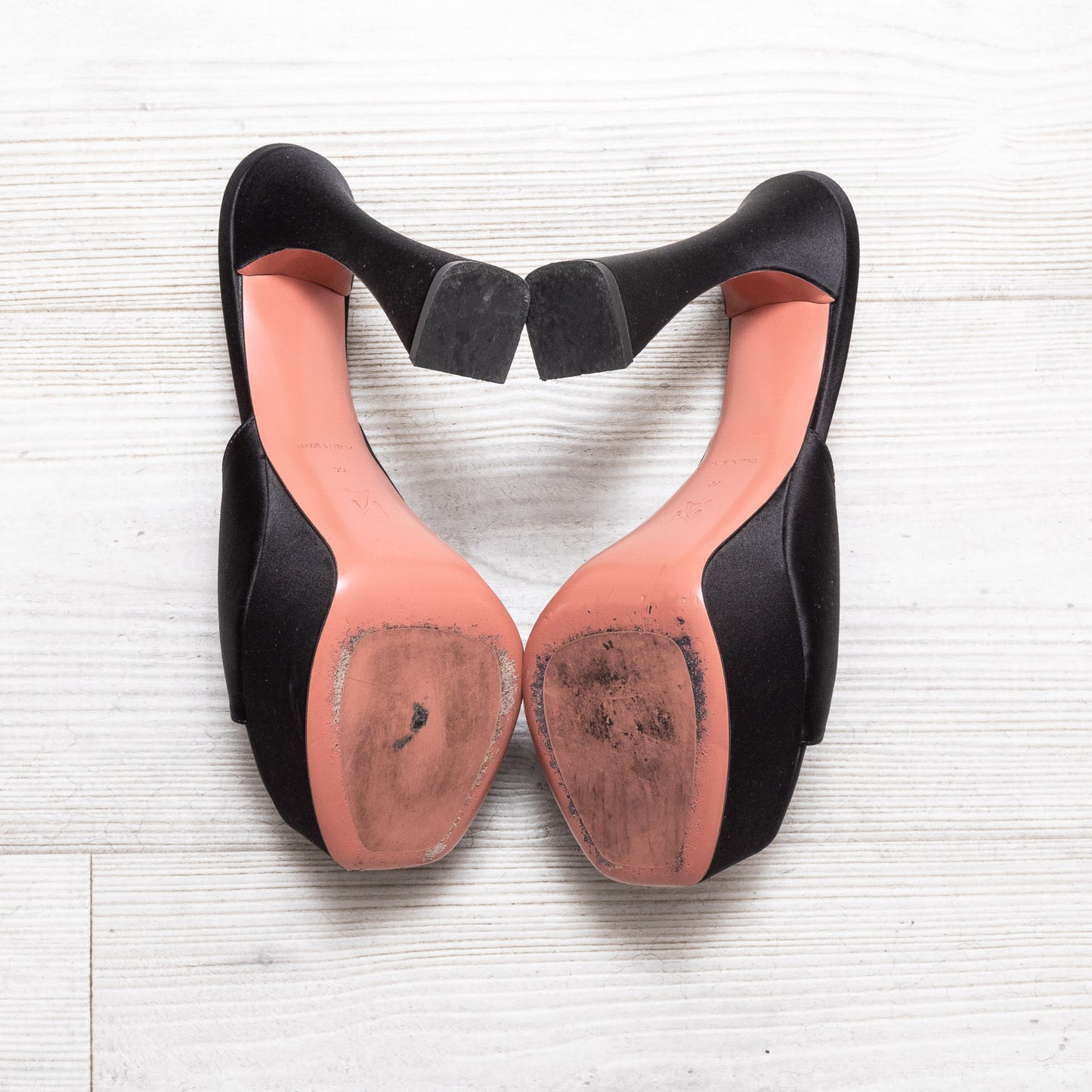 Amina Muaddi Dalida Black Satin Platform Heels Size 39