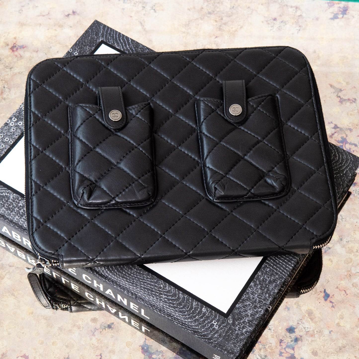 Chanel Black Quilted Double Phone Tablet Holder