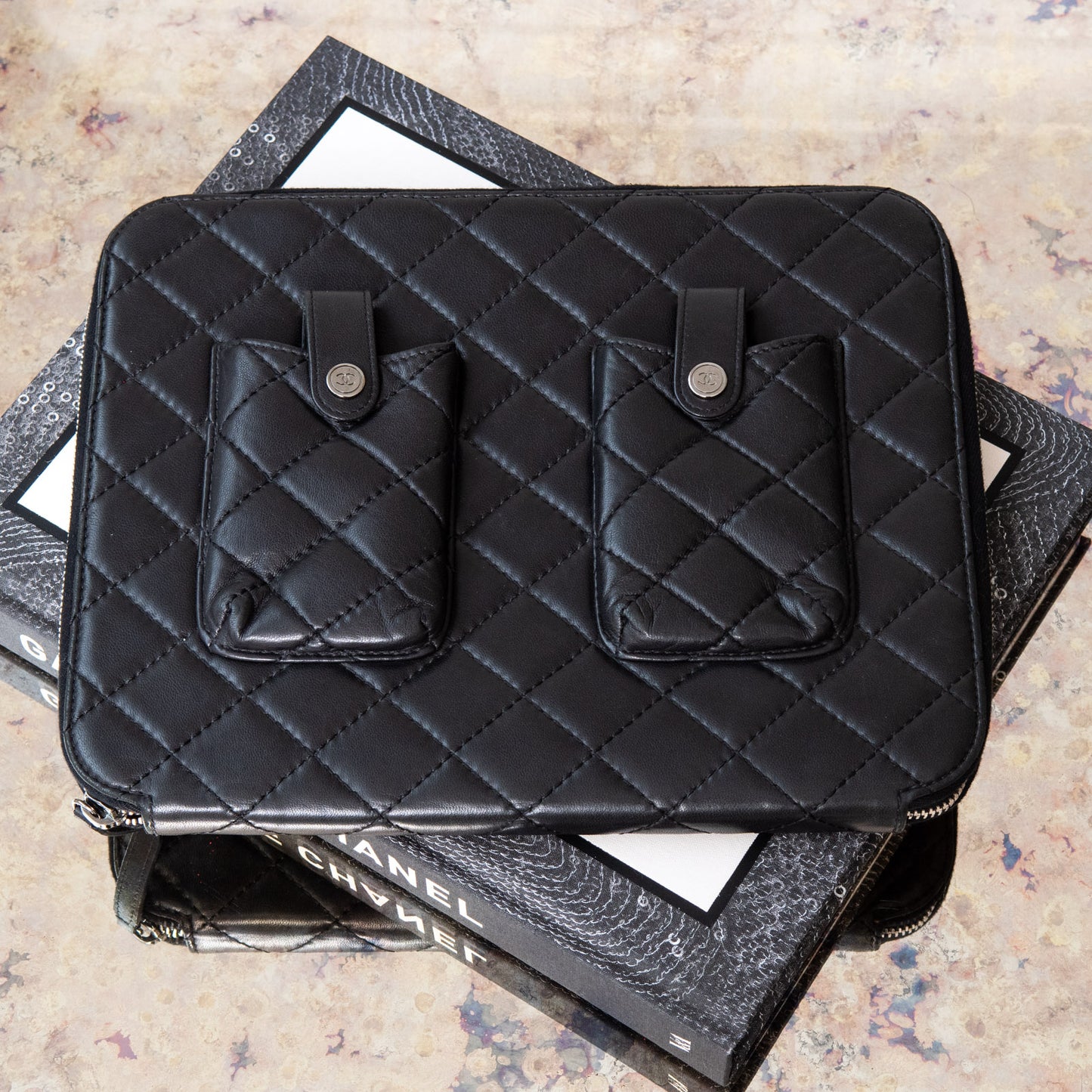 Chanel Black Quilted Double Phone Tablet Holder