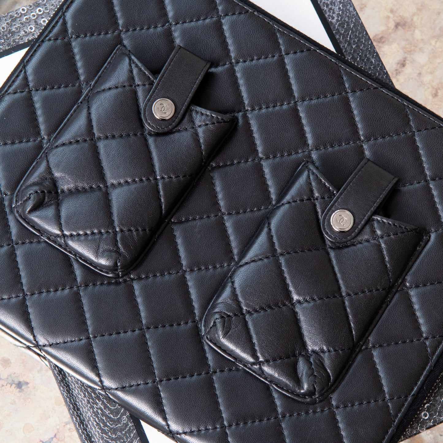 Chanel Black Quilted Double Phone Tablet Holder
