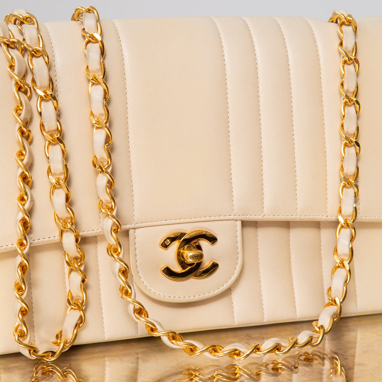 Chanel Vintage Vertical Stripe Mademoiselle Single Flap Beige Bag
