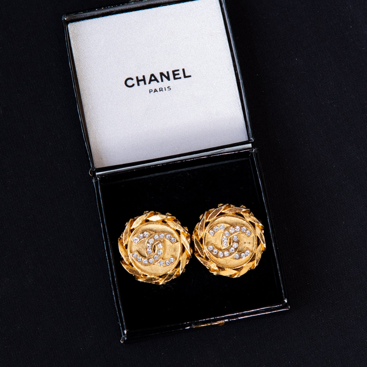 Chanel Round Clip On Earrings CC Logo Crystal Rhinestones