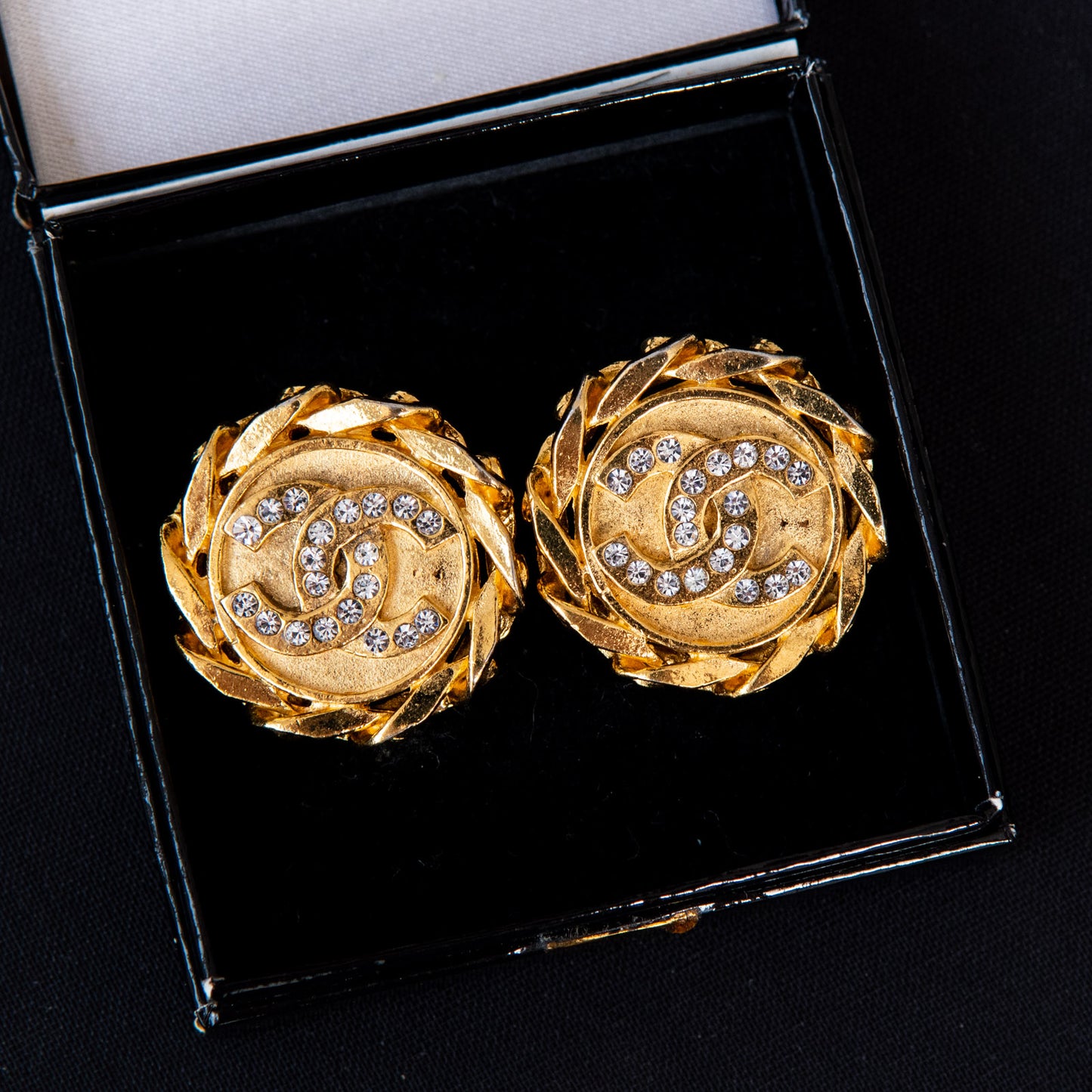 Chanel Round Clip On Earrings CC Logo Crystal Rhinestones
