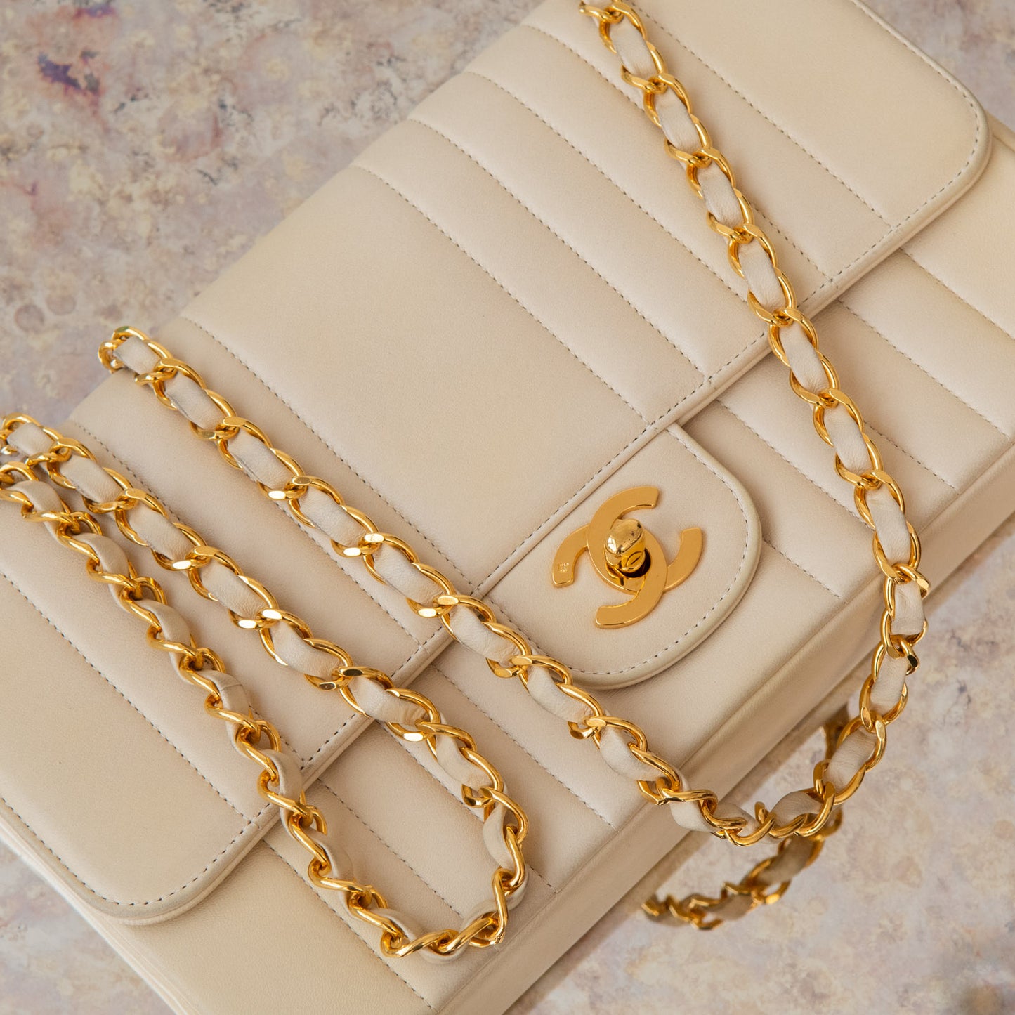 Chanel Vintage Vertical Stripe Mademoiselle Single Flap Beige Bag