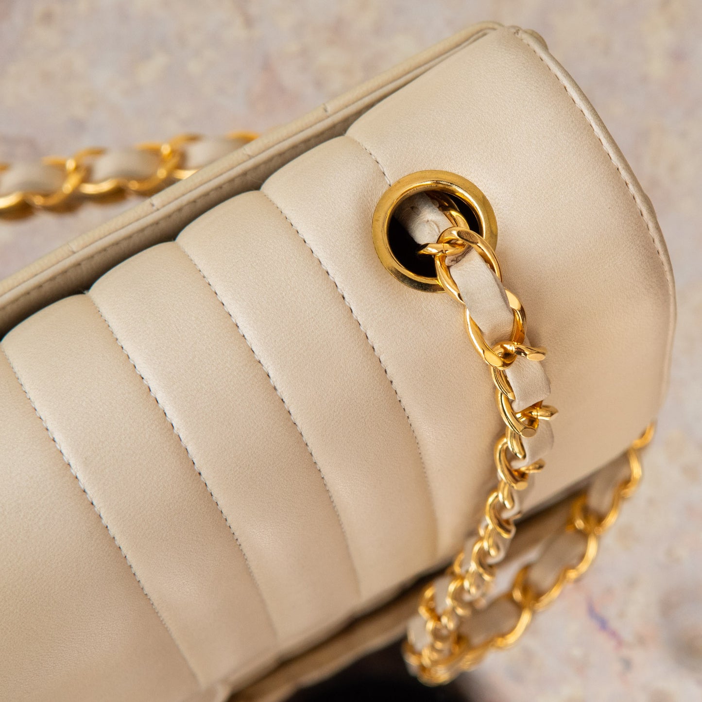 Chanel Vintage Vertical Stripe Mademoiselle Single Flap Beige Bag
