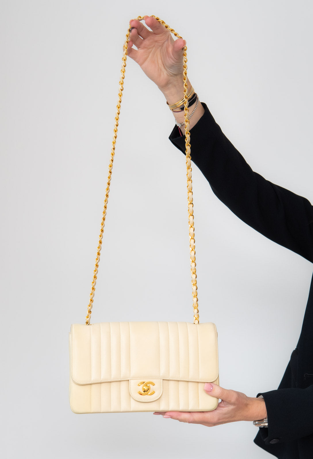 Chanel Vintage Vertical Stripe Mademoiselle Single Flap Beige Bag