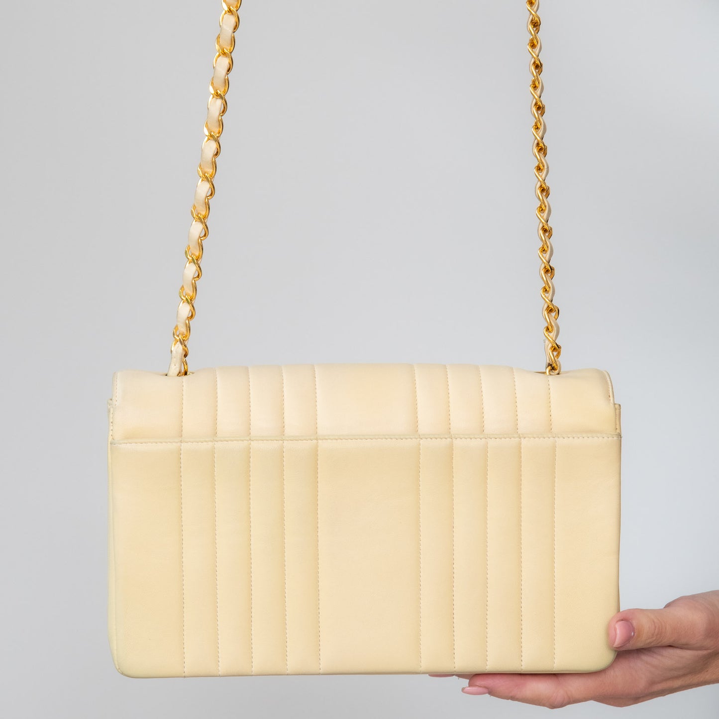 Chanel Vintage Vertical Stripe Mademoiselle Single Flap Beige Bag