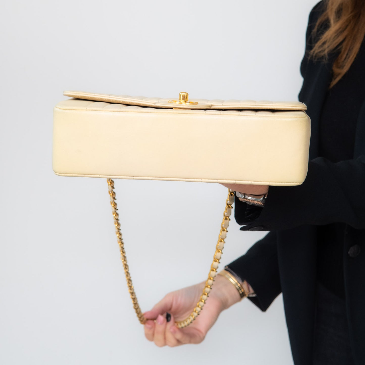 Chanel Vintage Vertical Stripe Mademoiselle Single Flap Beige Bag