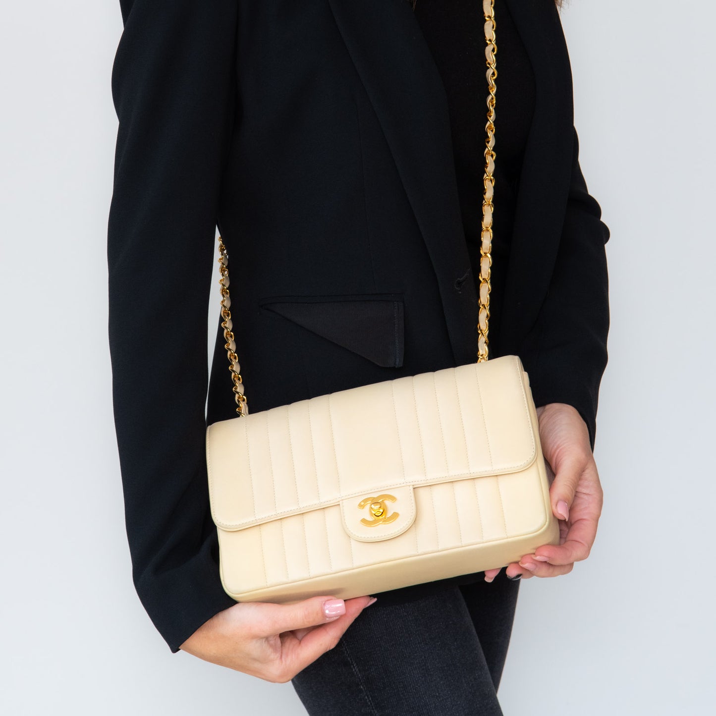 Chanel Vintage Vertical Stripe Mademoiselle Single Flap Beige Bag