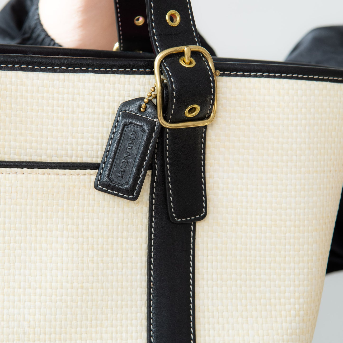 Coach Black Leather And Cream Straw Bag