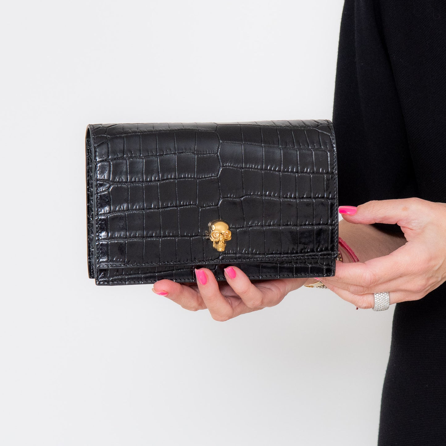 Alexander McQueen Black Croc Embossed Leather Bag With Gold Tone Hardware
