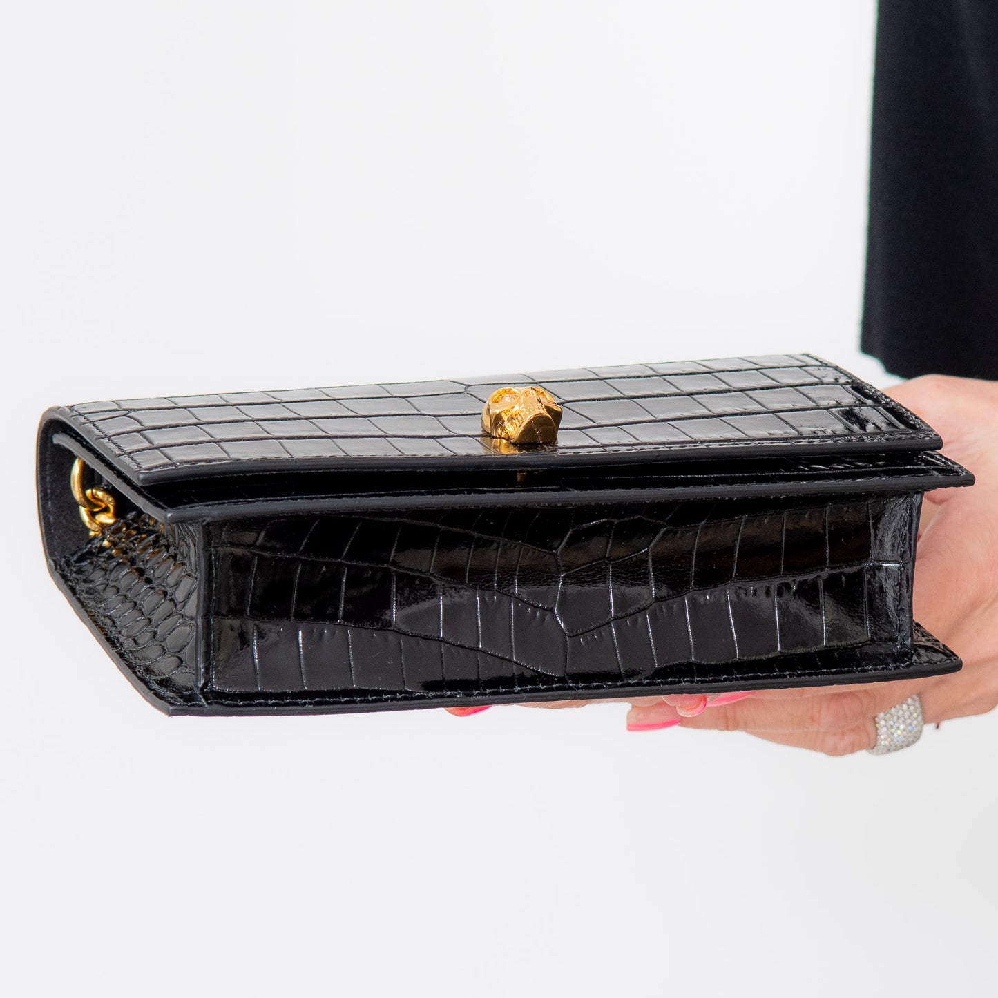 Alexander McQueen Black Croc Embossed Leather Bag With Gold Tone Hardware