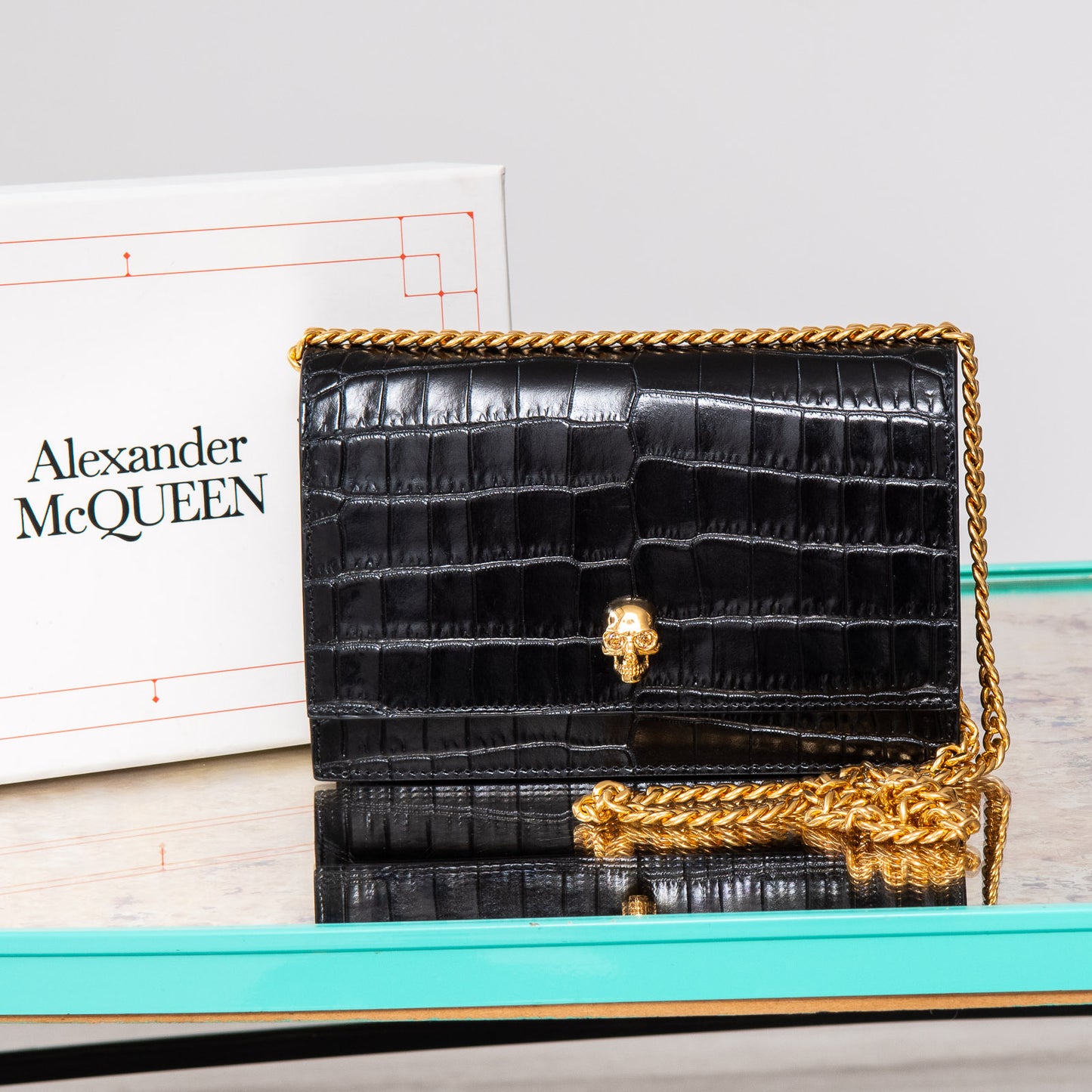 Alexander McQueen Black Croc Embossed Leather Bag With Gold Tone Hardware
