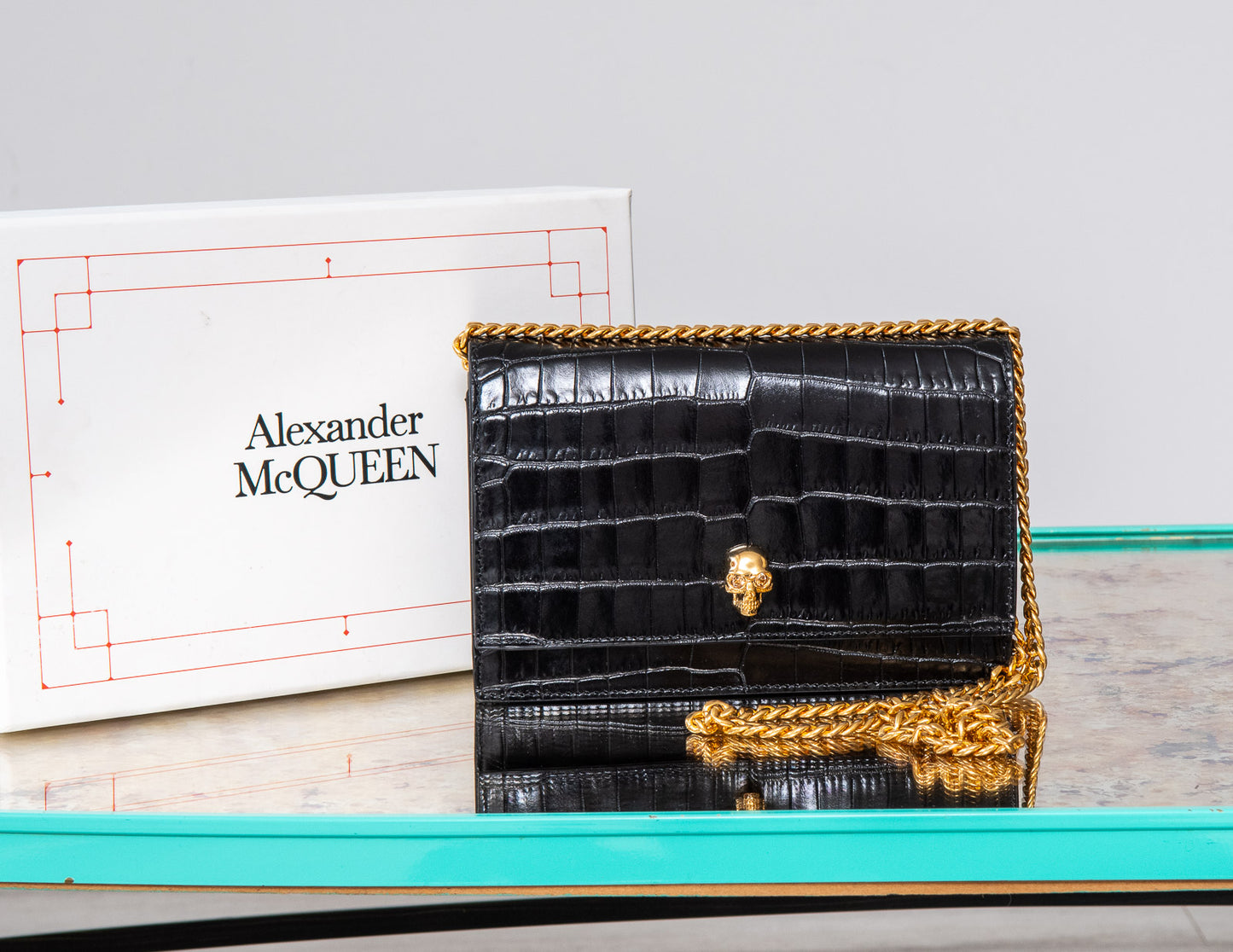 Alexander McQueen Black Croc Embossed Leather Bag With Gold Tone Hardware
