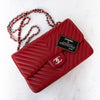 Chanel Red Jumbo Classic Double Flap Bag In Chevron Caviar Leather