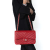 Chanel Red Jumbo Classic Double Flap Bag In Chevron Caviar Leather