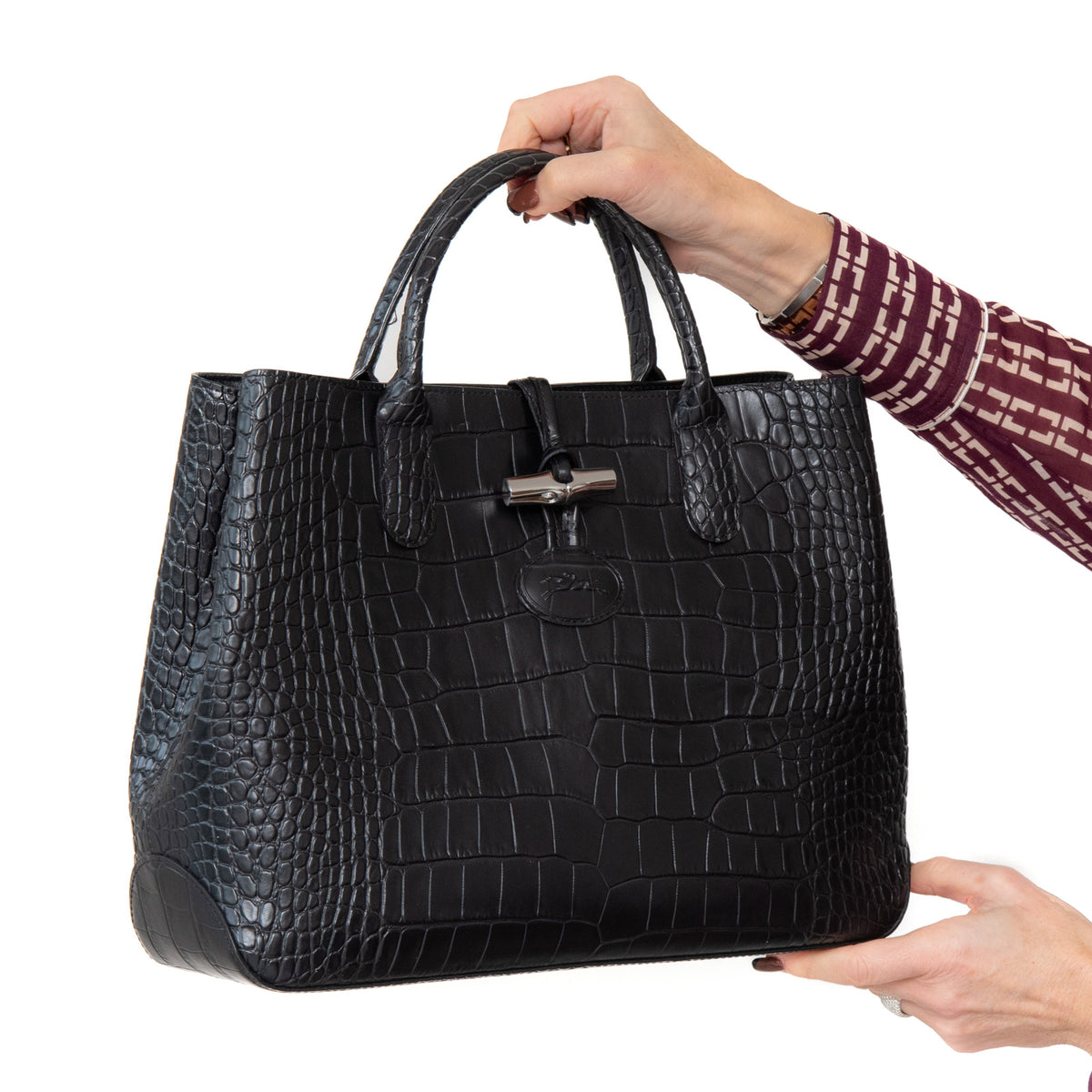 Longchamp Roseau Black Mock Croc Embossed Leather Tote Bag