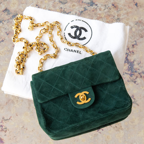 Chanel Vintage Green Mini Square Suede Flap Bag
