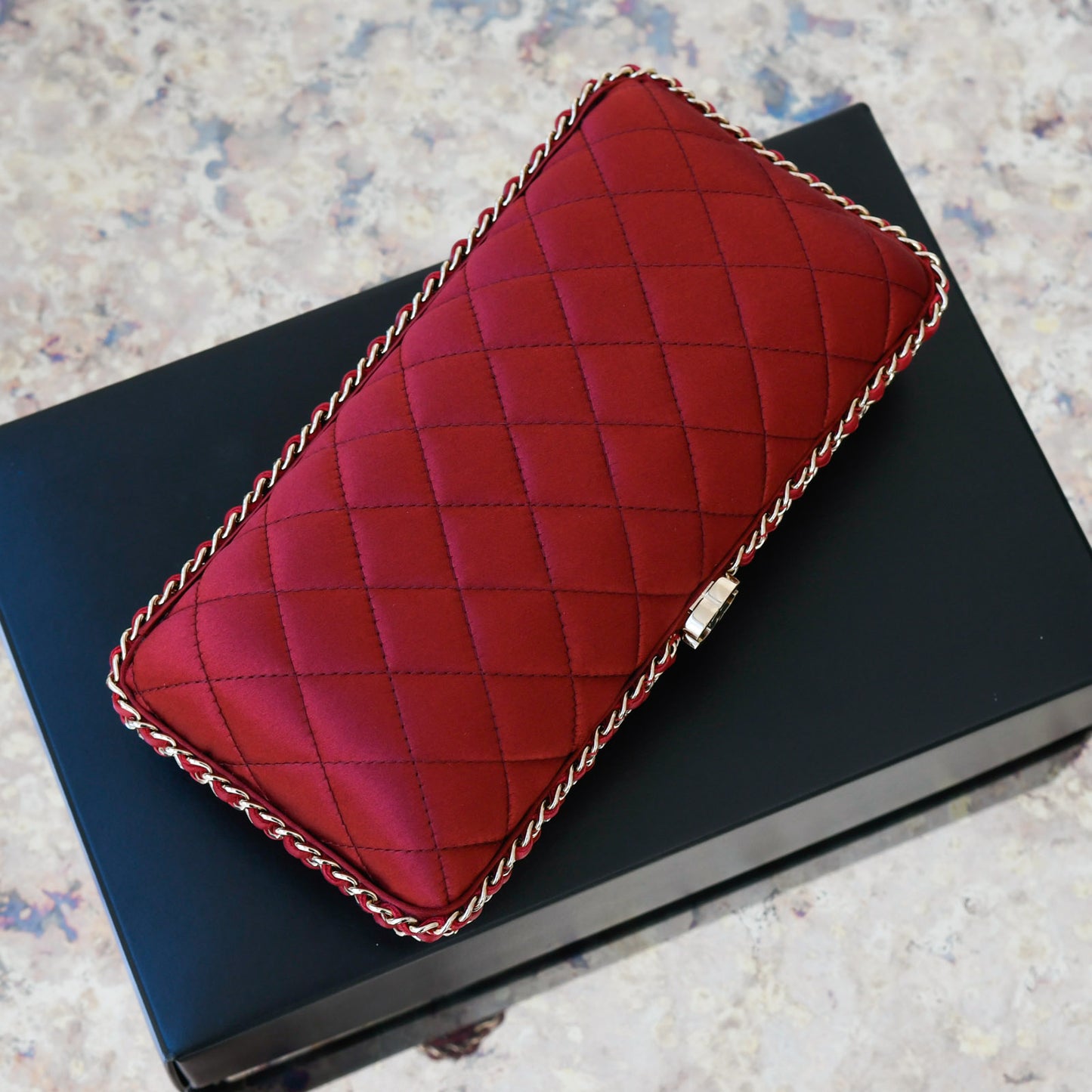 Chanel Quilted CC Red Satin Chain Around Clutch Bag