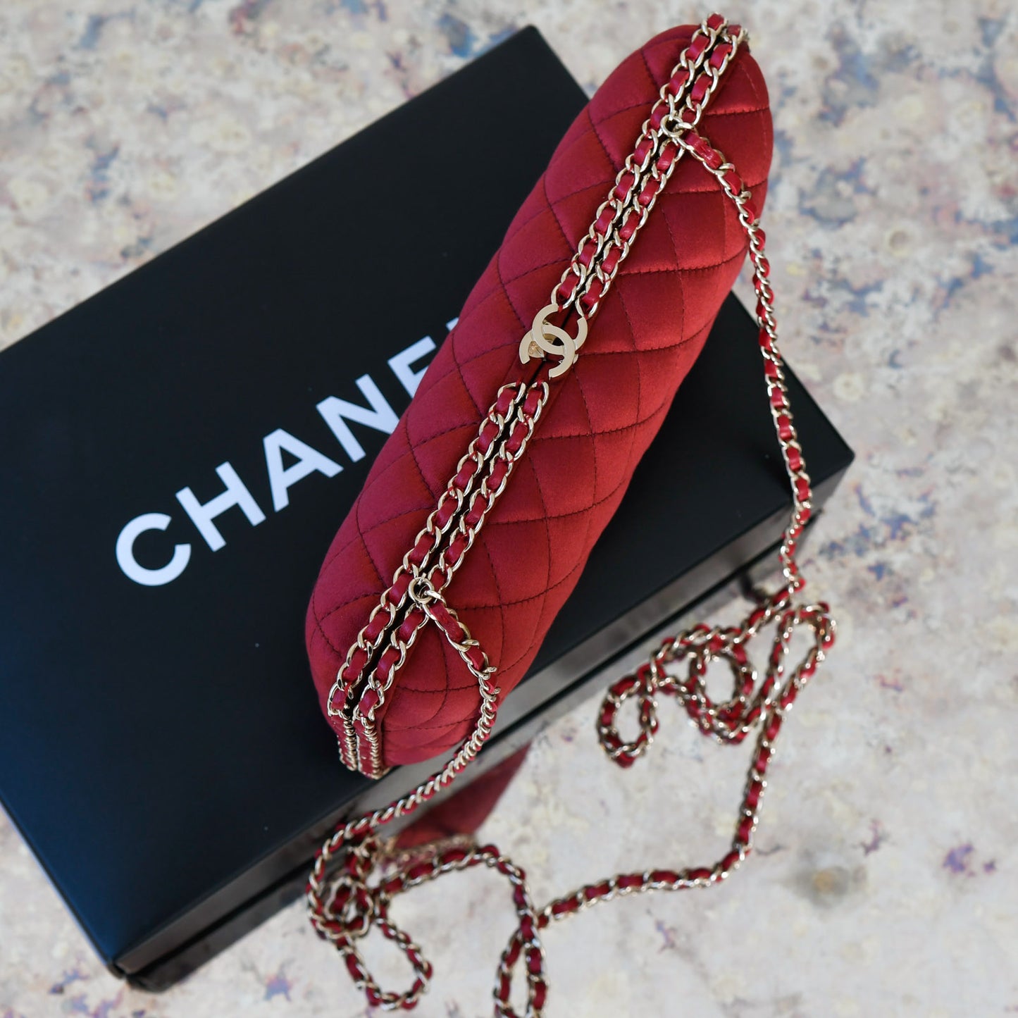 Chanel Quilted CC Red Satin Chain Around Clutch Bag