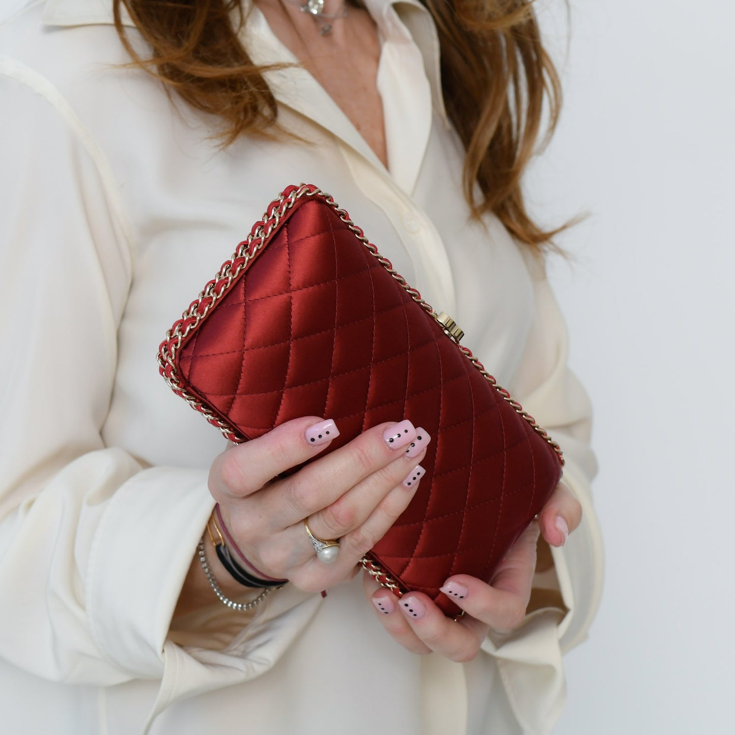 Chanel Quilted CC Red Satin Chain Around Clutch Bag